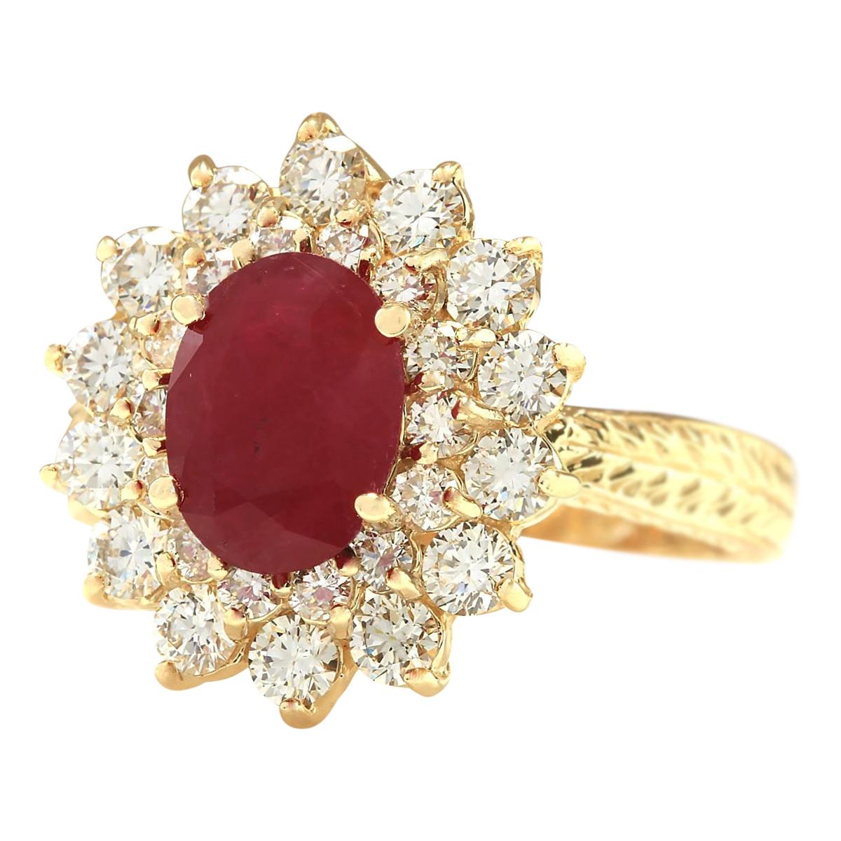 Stamped: 14K Yellow Gold
Total Ring Weight: 5.2 Grams
Total Natural Ruby Weight is 1.86 Carat (Measures: 9.00x7.00 mm)
Color: Red
Total Natural Diamond Weight is 1.30 Carat
Color: F-G, Clarity: VS2-SI1
Face Measures: 17.00x15.50 mm
Sku: [703738W]
