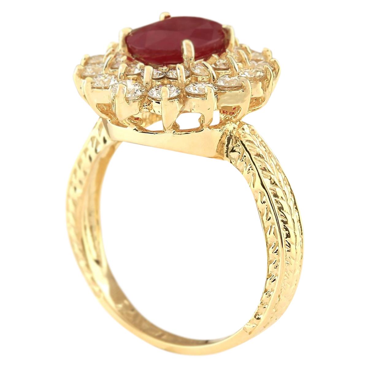 Oval Cut Natural Ruby 14 Karat Yellow Gold Diamond Ring For Sale