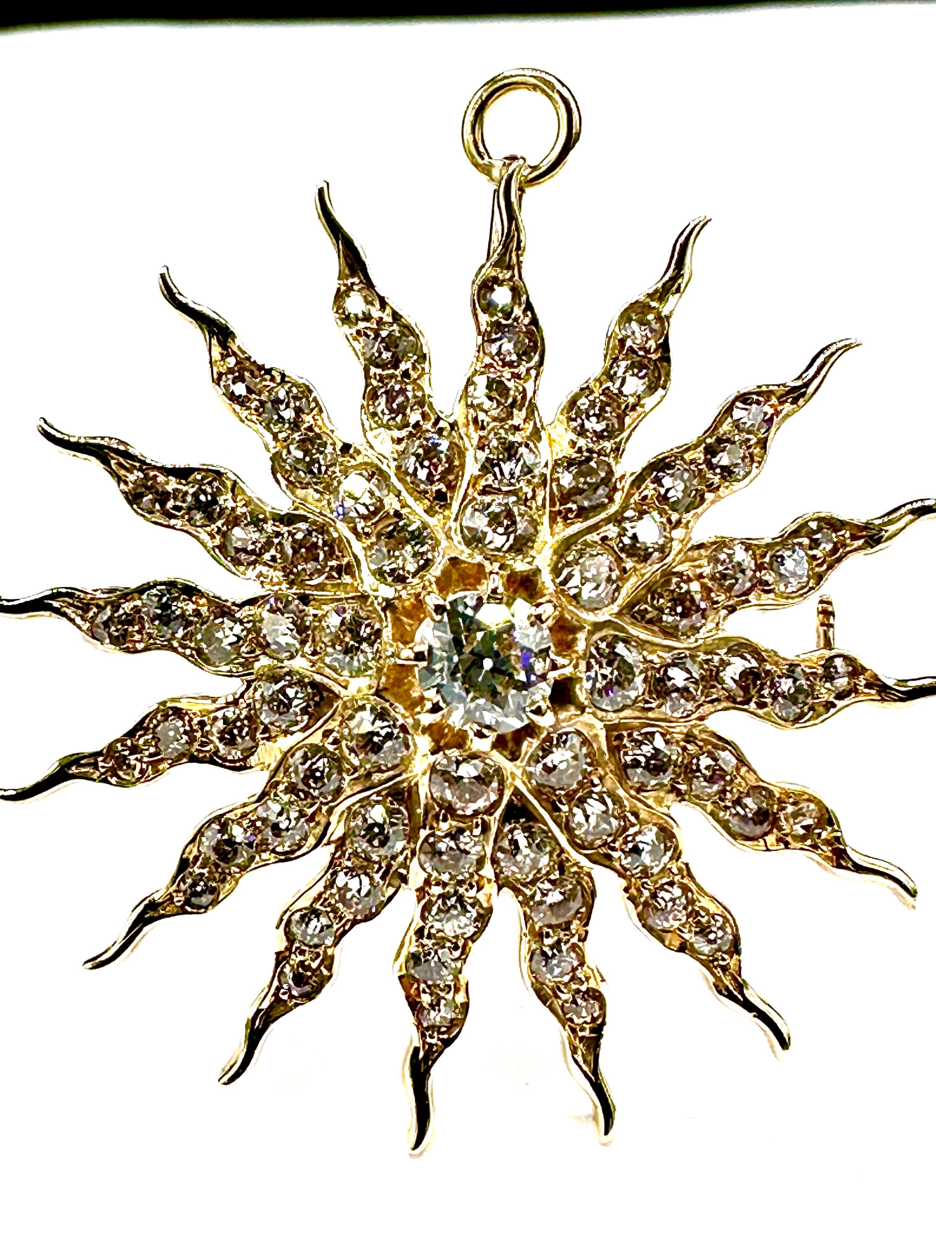 Victorien 3,16 carats  Broche pendentif en or 18 carats avec diamant taille européenne ancienne Comète de Halley  en vente
