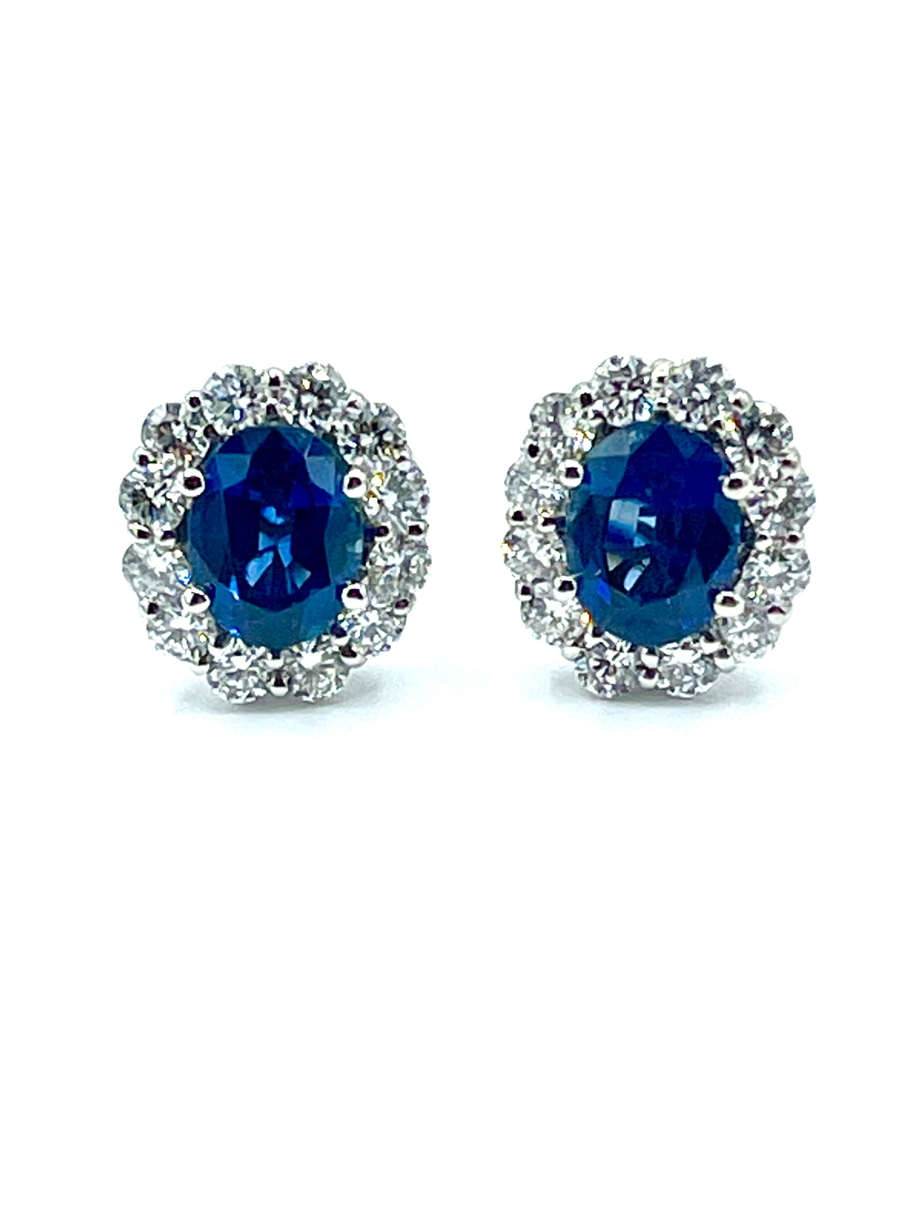 Modern 3.16 Carat Oval Sapphires and Round Brilliant Diamond White Gold Stud Earrings For Sale