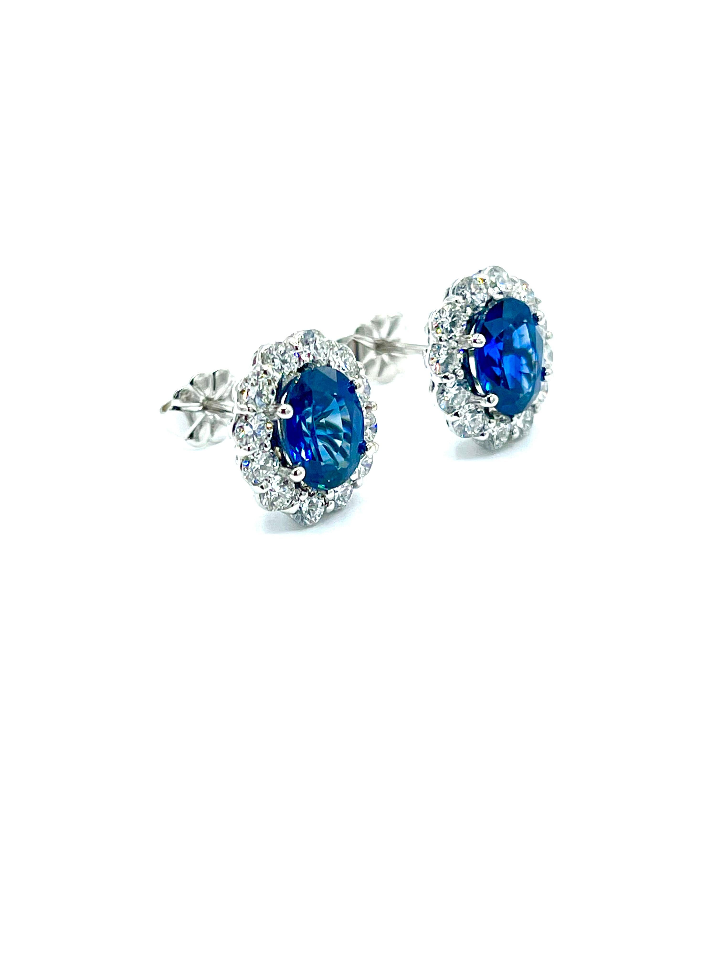 Oval Cut 3.16 Carat Oval Sapphires and Round Brilliant Diamond White Gold Stud Earrings For Sale