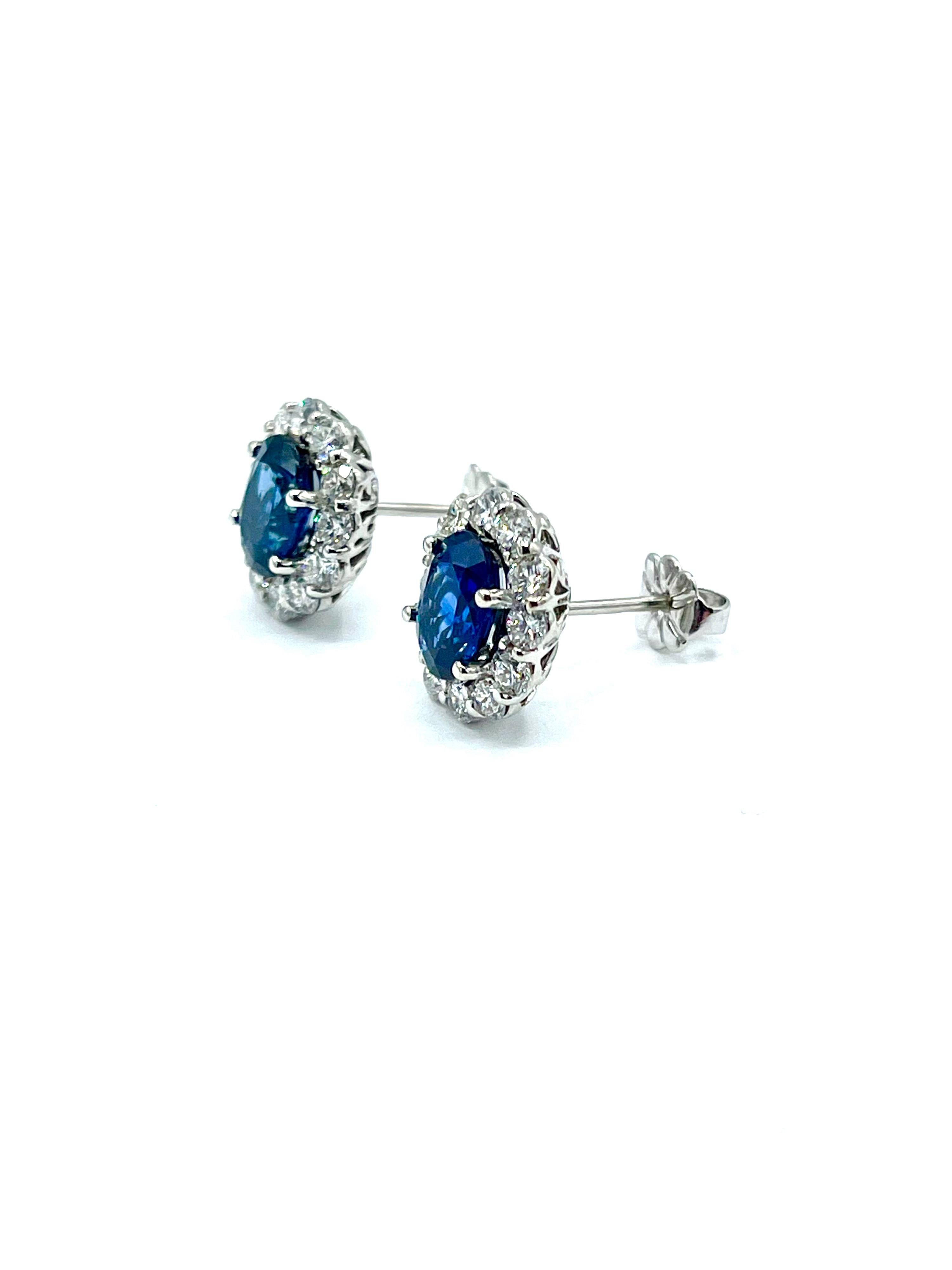 3.16 Carat Oval Sapphires and Round Brilliant Diamond White Gold Stud Earrings For Sale 2