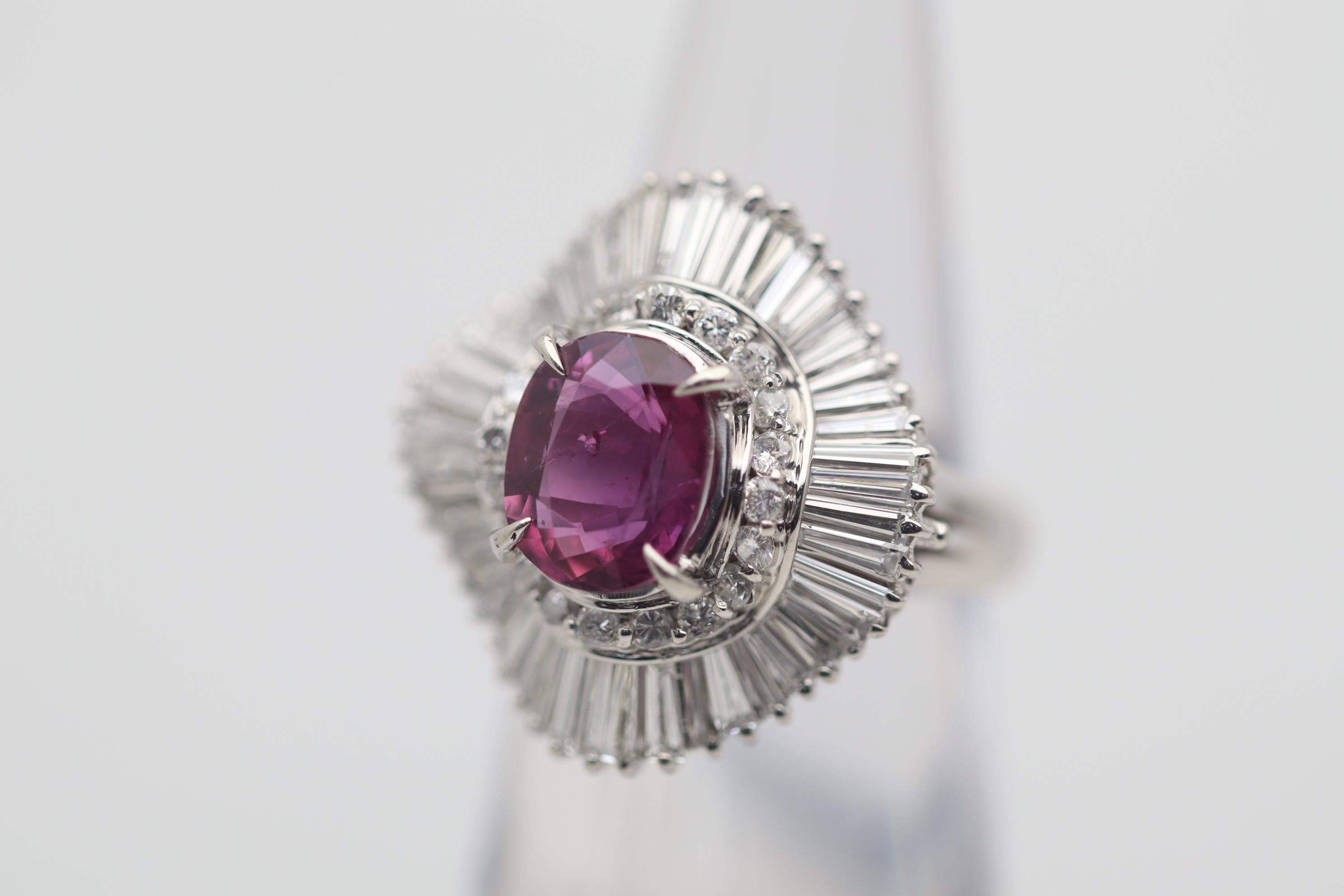 Oval Cut 3.16 Carat Ruby Diamond Platinum Ballerina Ring For Sale