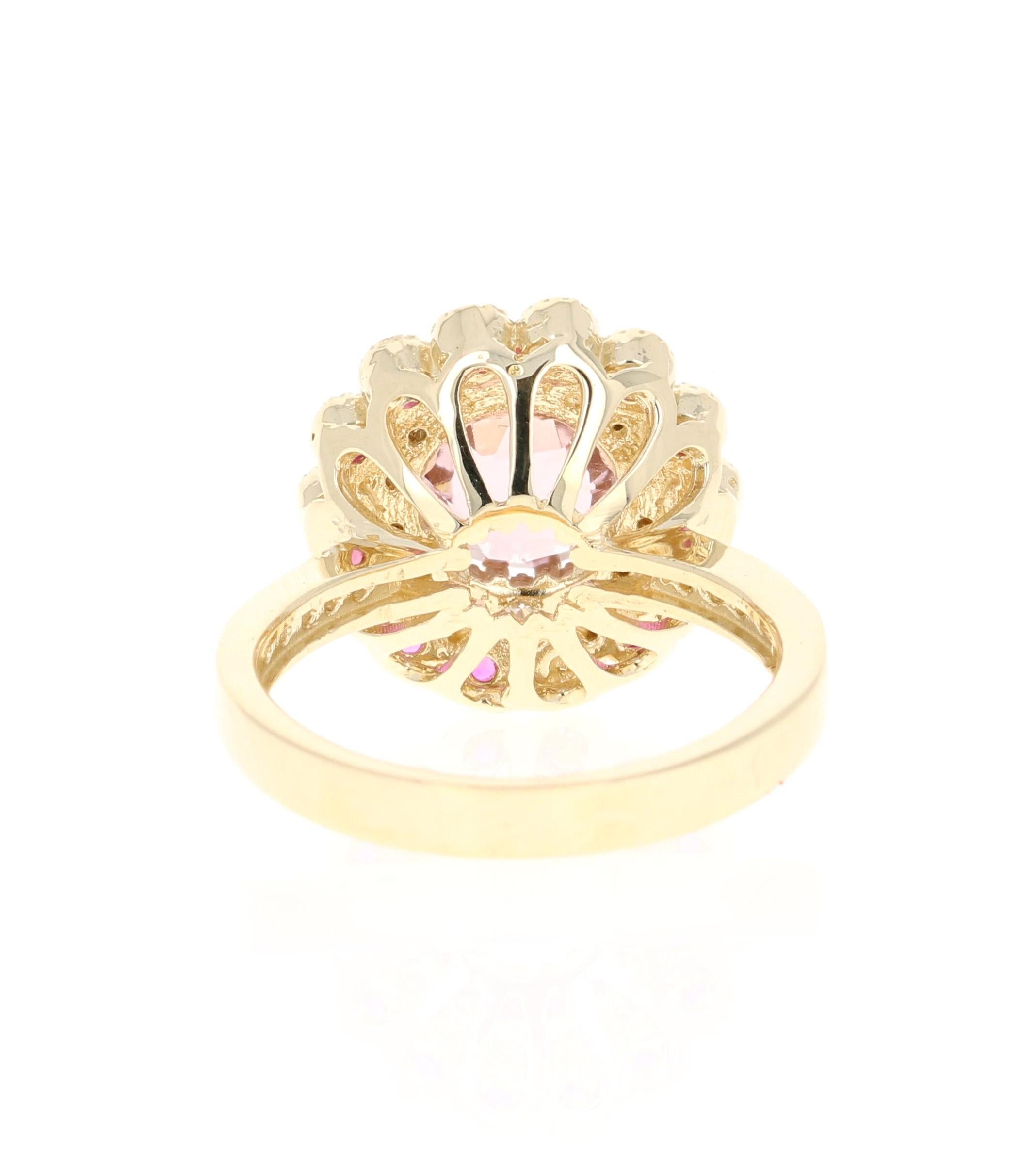 Round Cut 3.16 Carat Tourmaline Pink Sapphire Diamond 14 Karat Yellow Gold Ring