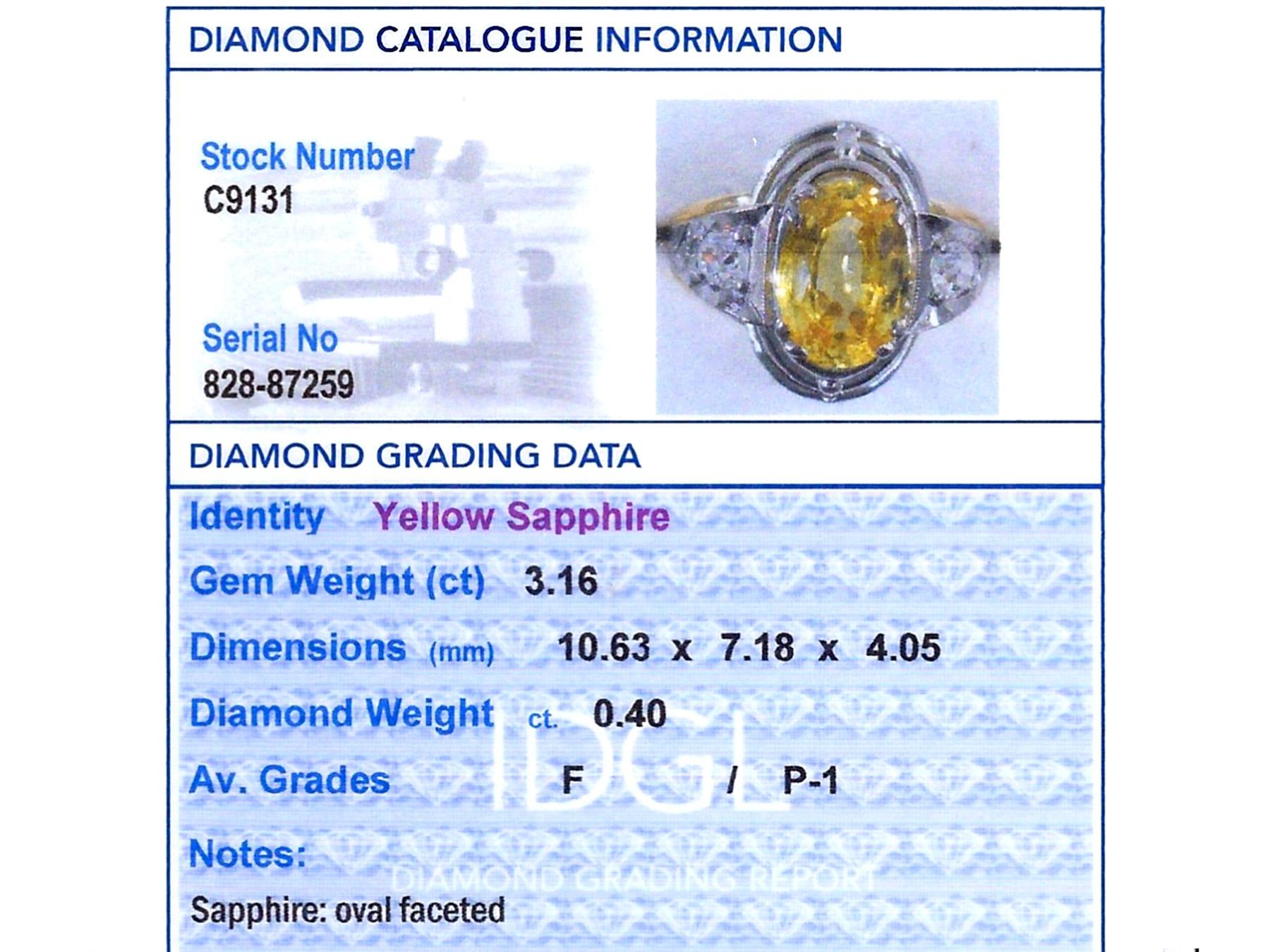 Bague en or jaune 18 carats avec saphir jaune de 3,16 carats et diamant de 0,40 carat, c. 1935 en vente 5