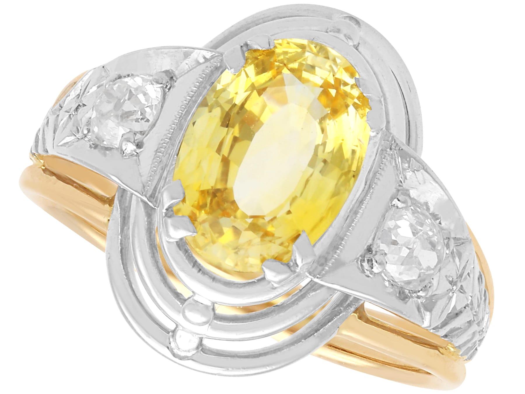 3.16 Carat Yellow Sapphire 0.40 Carat Diamond, 18k Yellow Gold Ring Circa 1935