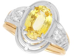 3.16 Carat Yellow Sapphire 0.40 Carat Diamond, 18k Yellow Gold Ring Circa 1935
