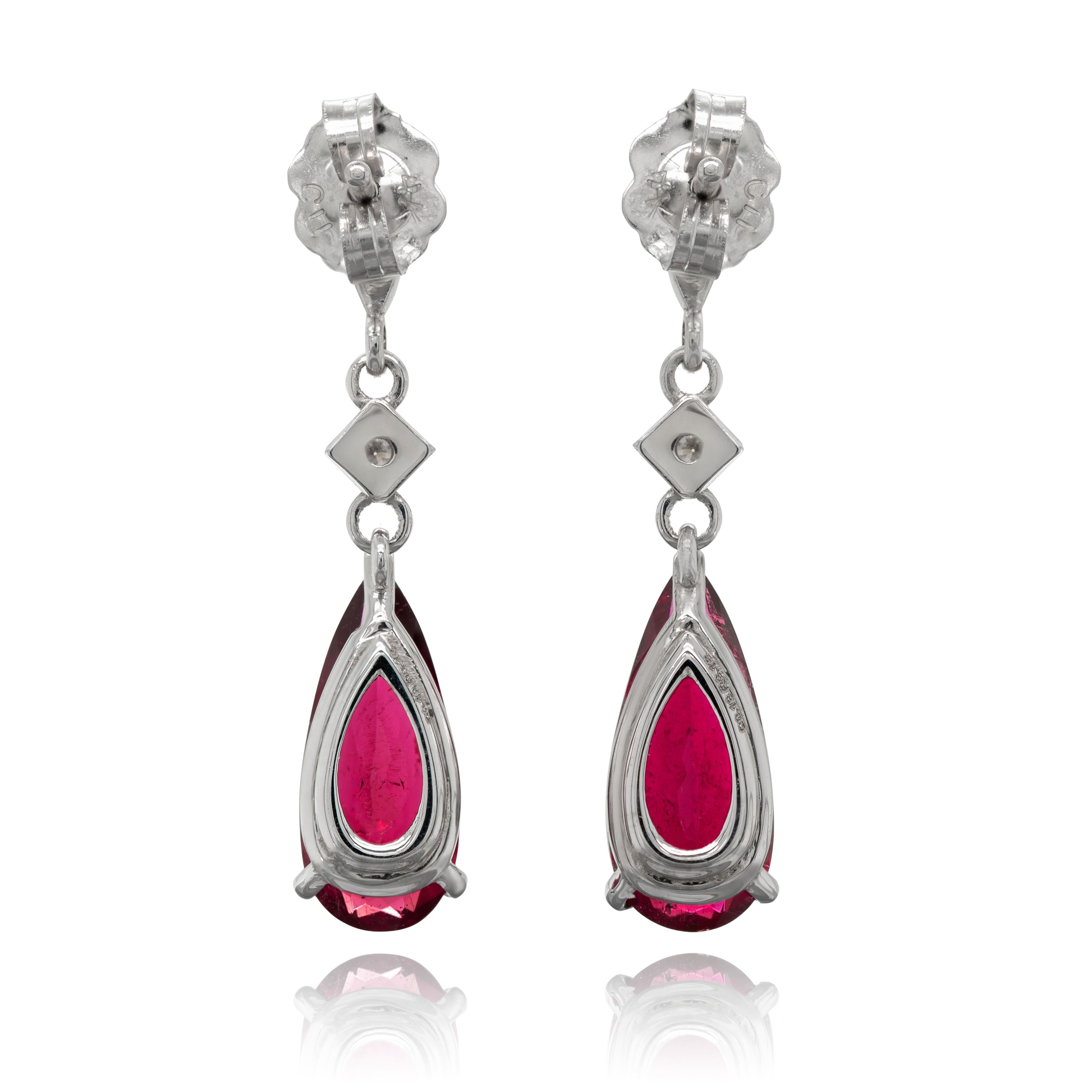 Mixed Cut Natural  Rubellites 3.16 Carats set in 14K White Gold Earrings with Diamonds  For Sale