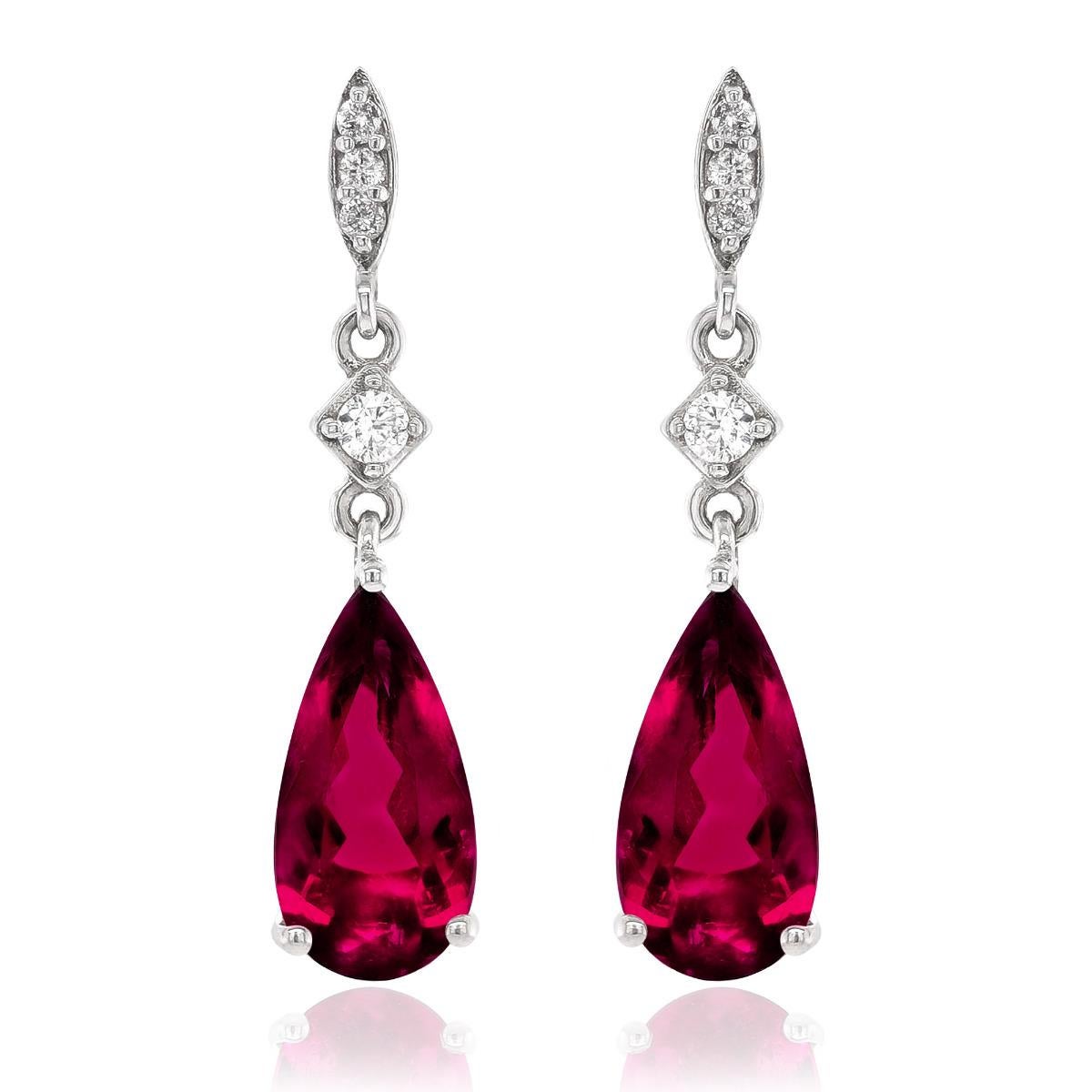 Natural  Rubellites 3.16 Carats set in 14K White Gold Earrings with Diamonds  In New Condition For Sale In Los Angeles, CA