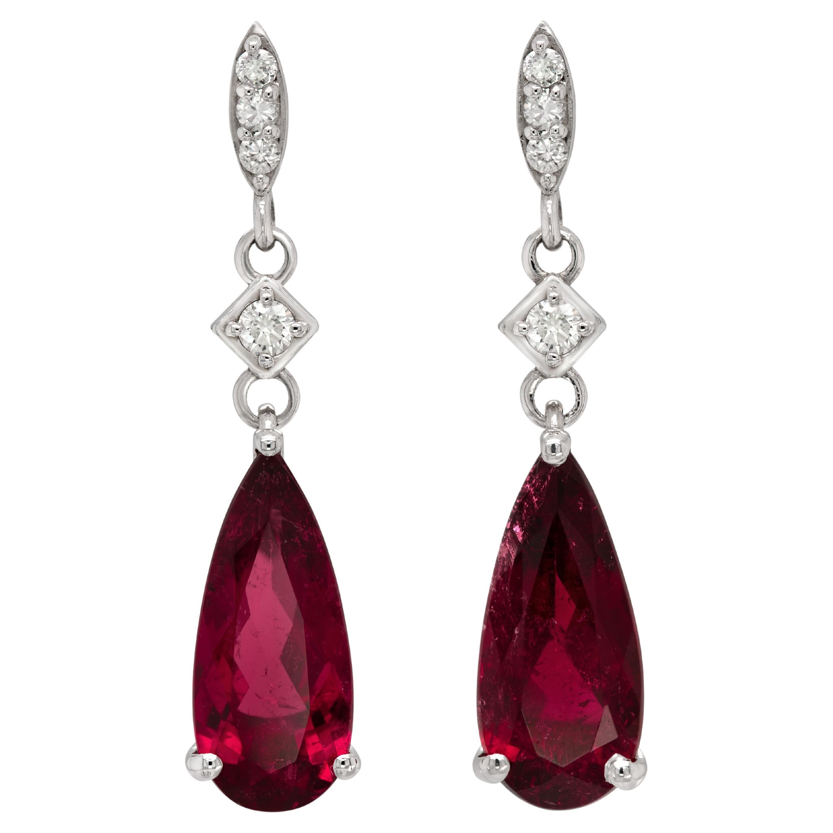Natural  Rubellites 3.16 Carats set in 14K White Gold Earrings with Diamonds  For Sale