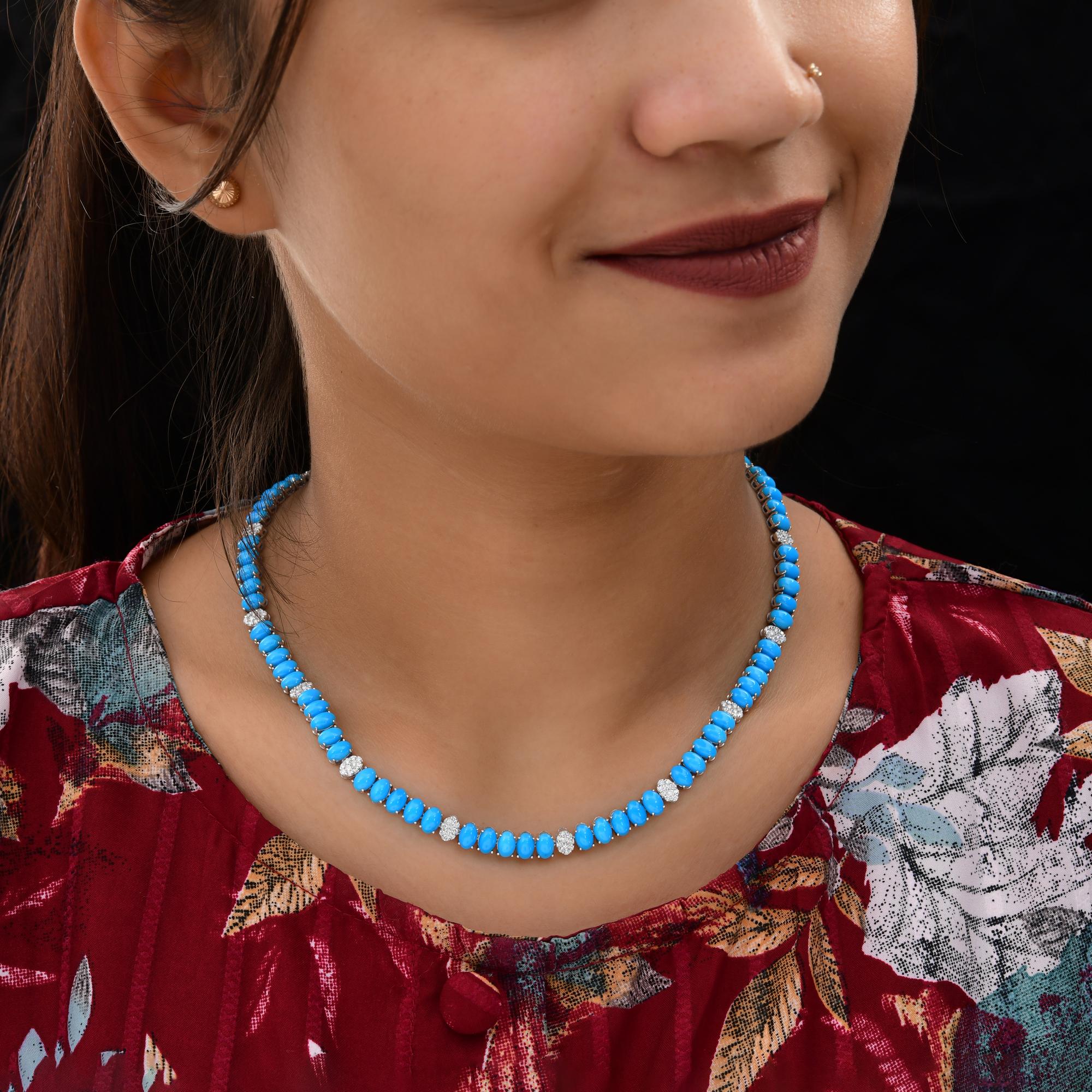 Cast from 18-karat gold, these exquisite necklace is handset with 31.61 carats natural turquoise and 1.80 carats of sparkling diamonds.

FOLLOW SPECTRUM JEWELS storefront to view the latest collection & exclusive pieces. Spectrum Jewels is proudly