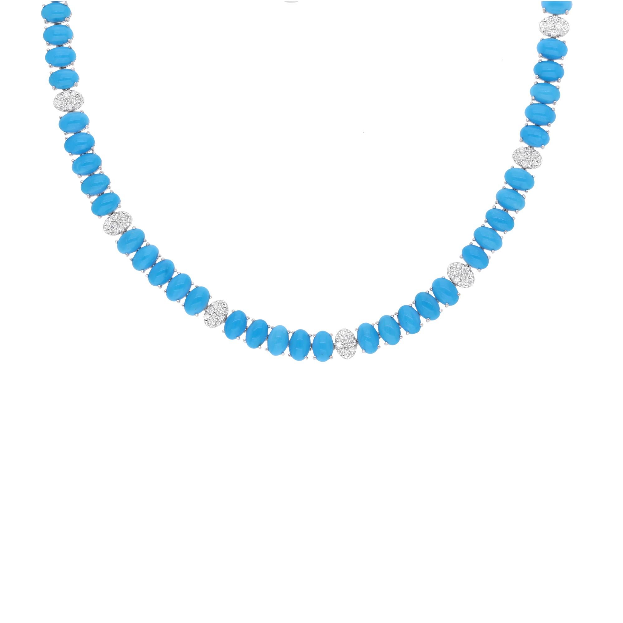 Oval Cut 31.61 Carats Oval Turquoise 1.8 Carats SI/H Diamond 18k White Gold Chain Jewelry For Sale