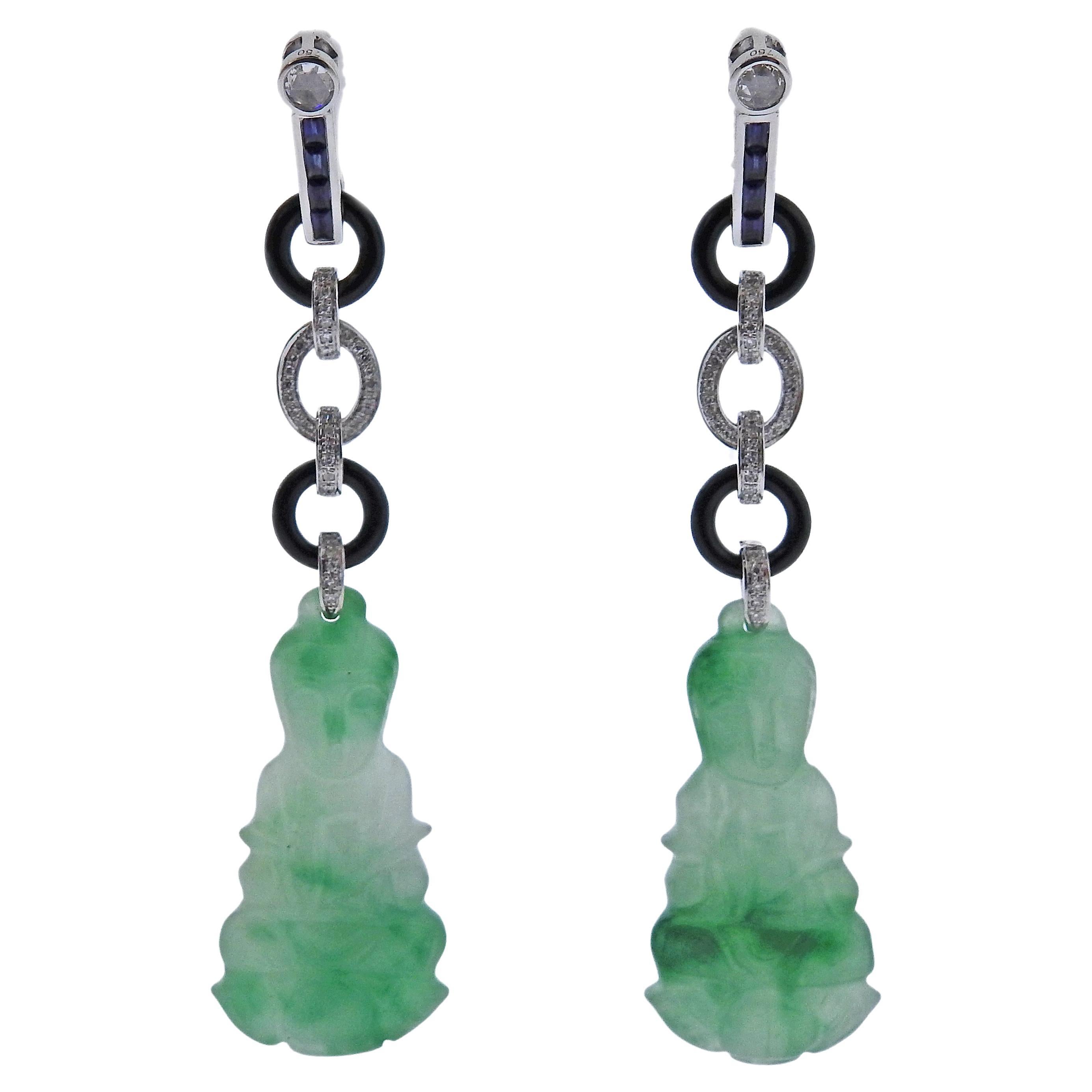 31.63ctw Carved Jadeite Jade Onyx Sapphire Diamond Gold Drop Earrings For Sale