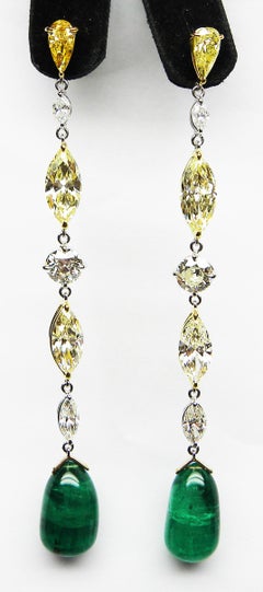 31.65 Carat GRS Certified Colombian Emerald Drops and Fancy Diamond Earrings