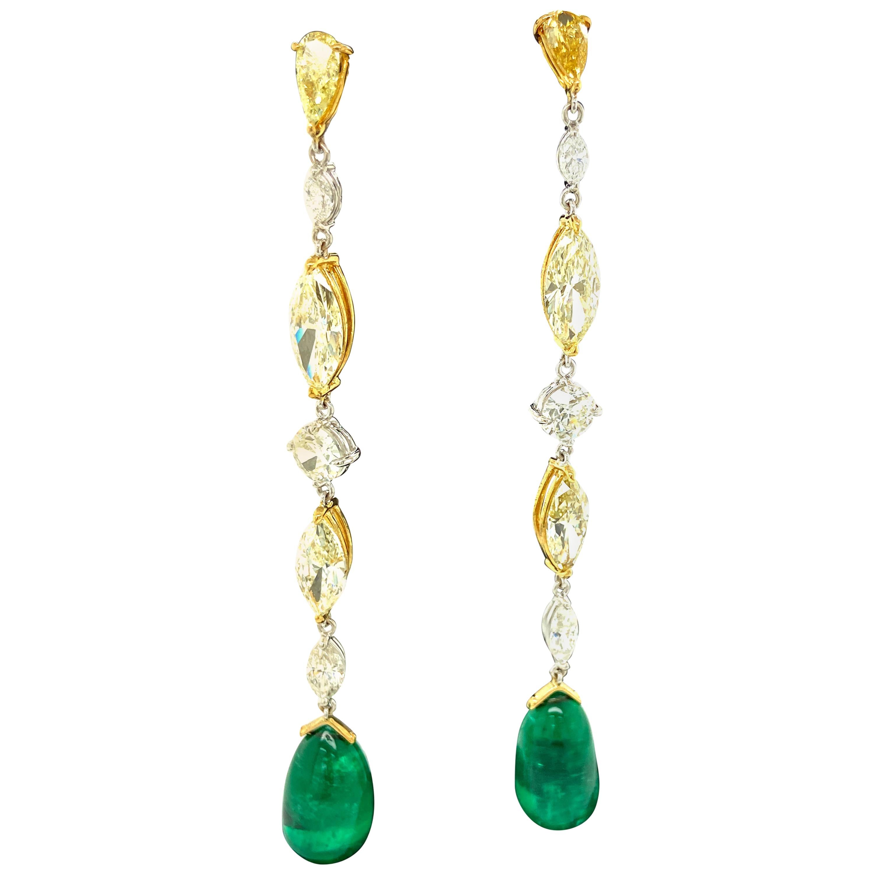 31.65 Carat GRS Certified Colombian Emerald Drops and Fancy Diamond Earrings