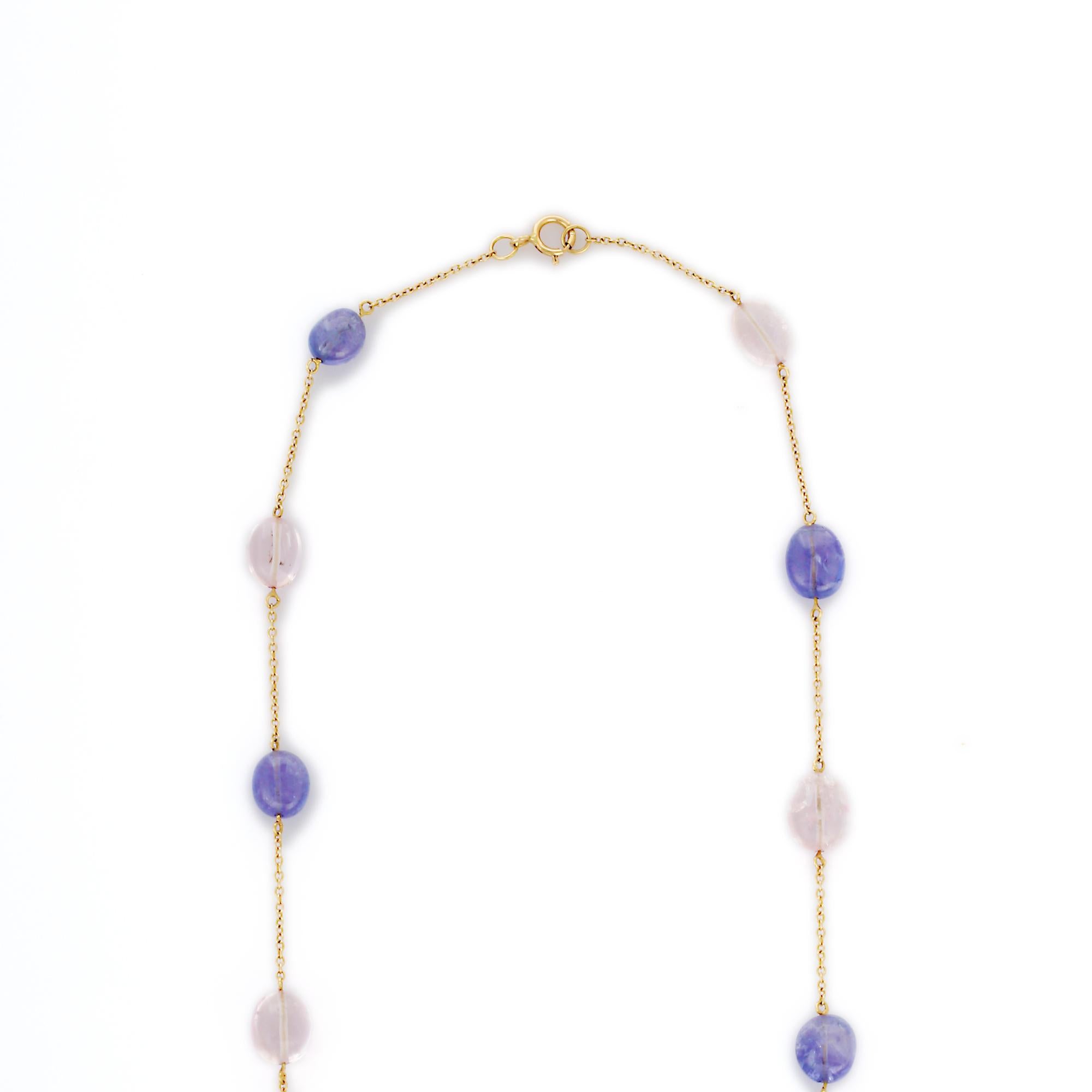 Collana a catena con semi gemme multiple in oro 18 carati tempestata di semi gemme a taglio ovale. 
Accessoriate il vostro look con questa elegante collana a catena con più pietre semipreziose. Questo splendido gioiello eleva immediatamente un look