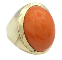 31.68 Carat Oval Cabochon Red Italian Coral Cocktail Ring 14 Karat Yellow Gold