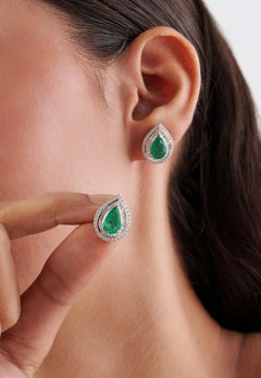 3.16ct Emerald & 1.2ct Diamond Double Halo Stud Earrings in 18K White Gold