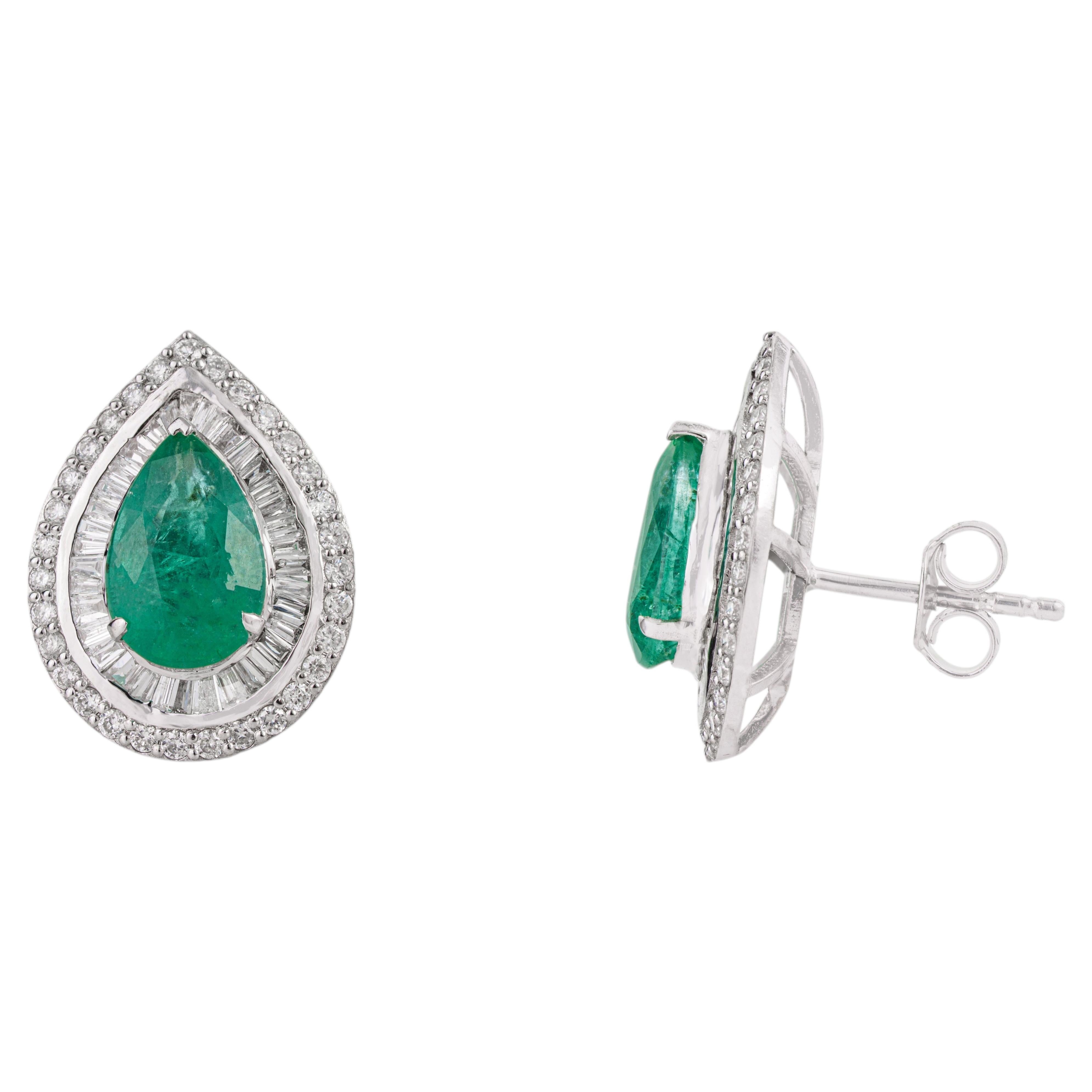 3.16ct Emerald & 1.2ct Diamond Double Halo Stud Earrings in 18K White Gold