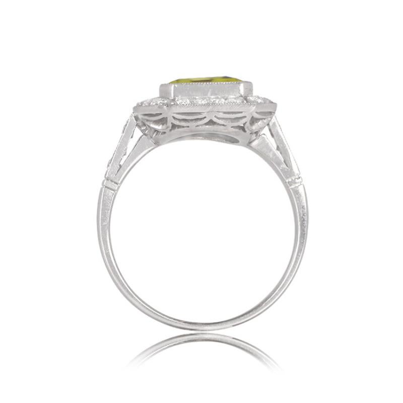 Women's 3.16ct Emerald Cut Peridot Engagement Ring, Diamond Halo, Platinum For Sale