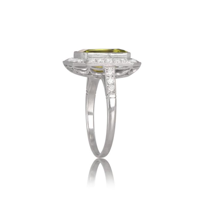 3.16ct Emerald Cut Peridot Engagement Ring, Diamond Halo, Platinum In Excellent Condition For Sale In New York, NY