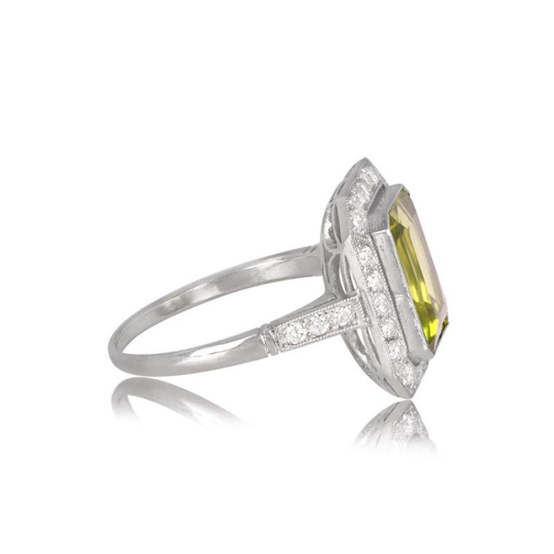 Art Deco 3.16ct Emerald Cut Peridot Engagement Ring, Diamond Halo, Platinum For Sale