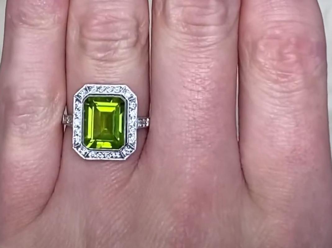 3.16ct Emerald Cut Peridot Engagement Ring, Diamond Halo, Platinum For Sale 1
