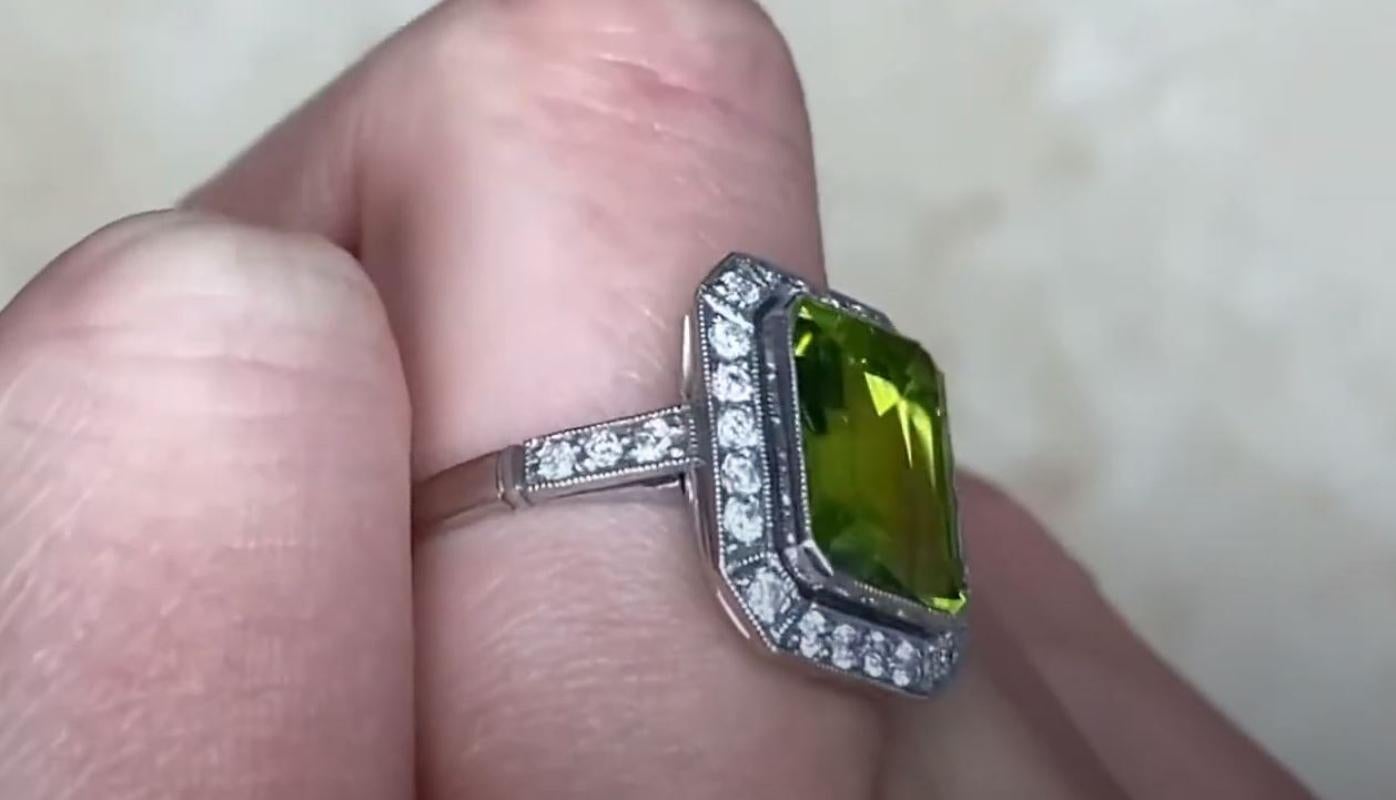 3.16ct Emerald Cut Peridot Engagement Ring, Diamond Halo, Platinum For Sale 2