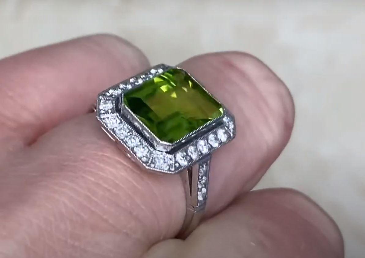 3.16ct Emerald Cut Peridot Engagement Ring, Diamond Halo, Platinum For Sale 3