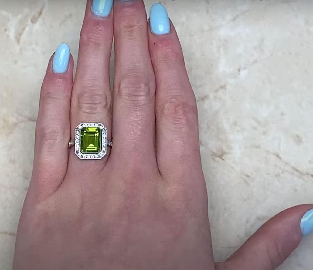 3.16ct Emerald Cut Peridot Engagement Ring, Diamond Halo, Platinum For Sale 5
