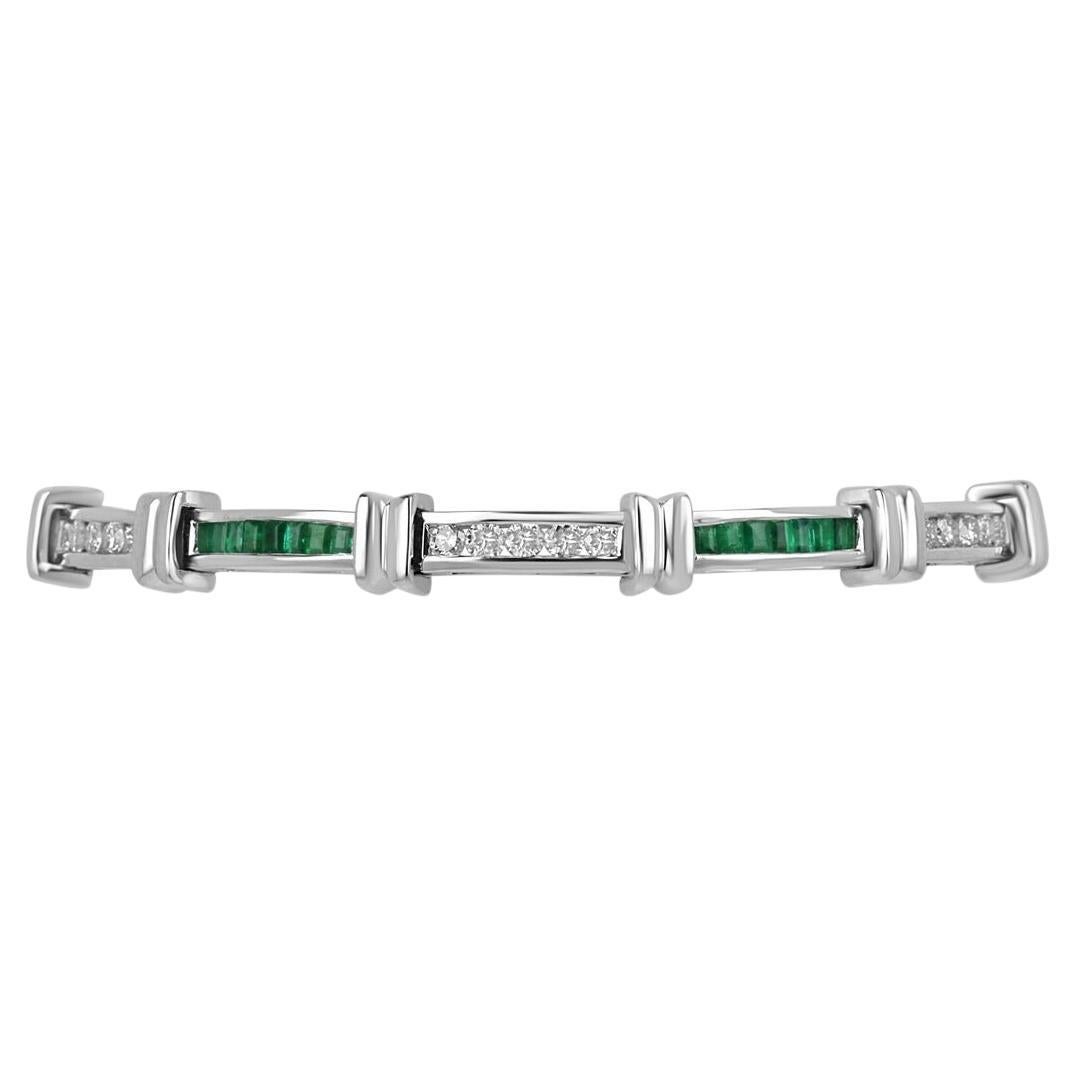 3.16tcw 14K Medium Dark Emerald Cut Emerald & Round Cut Diamond Gold Bracelet For Sale