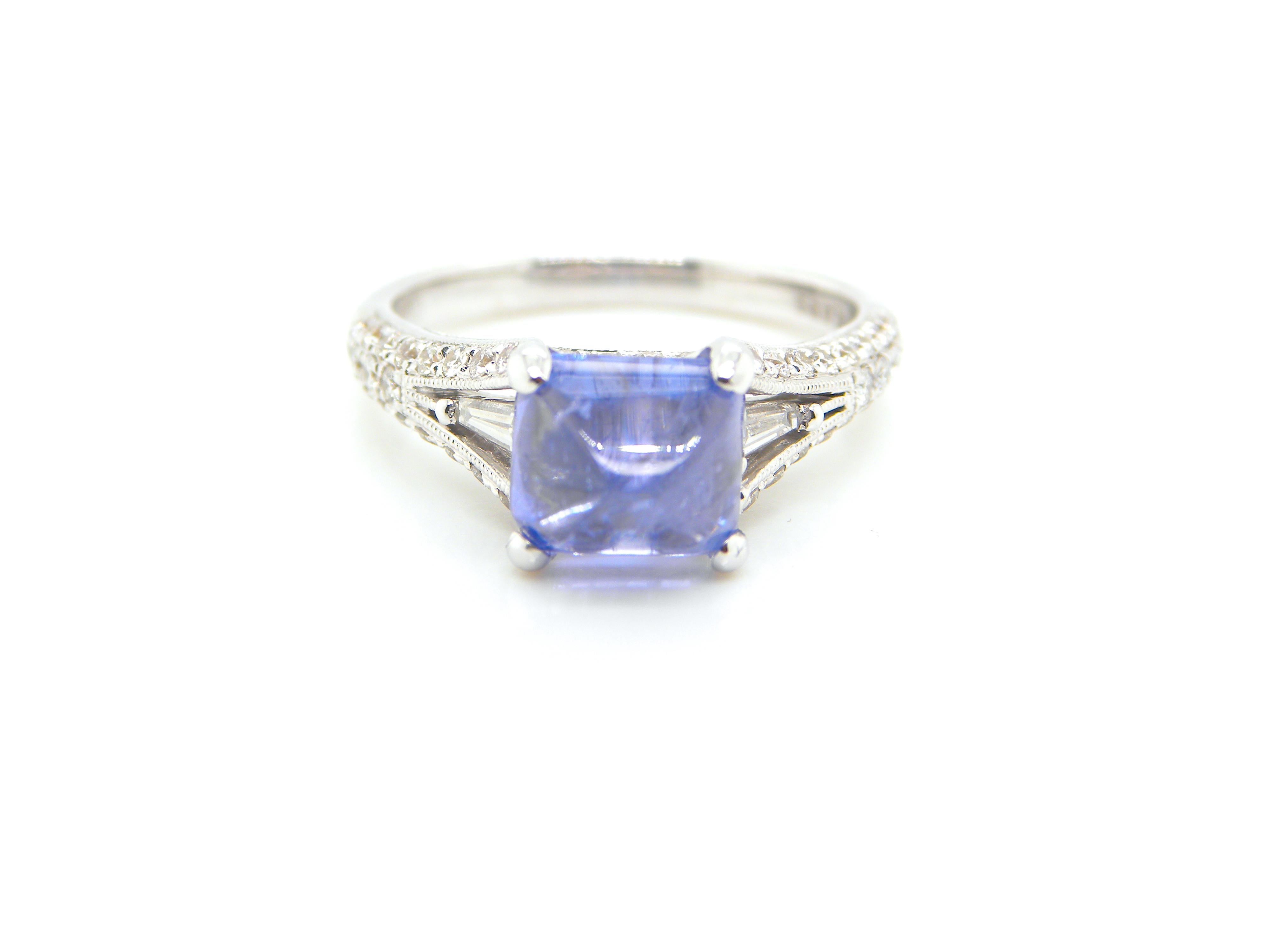 Sugarloaf Cabochon 3.17 Carat GIA Certified Burma No Heat Colour Change Sapphire and Diamond Ring