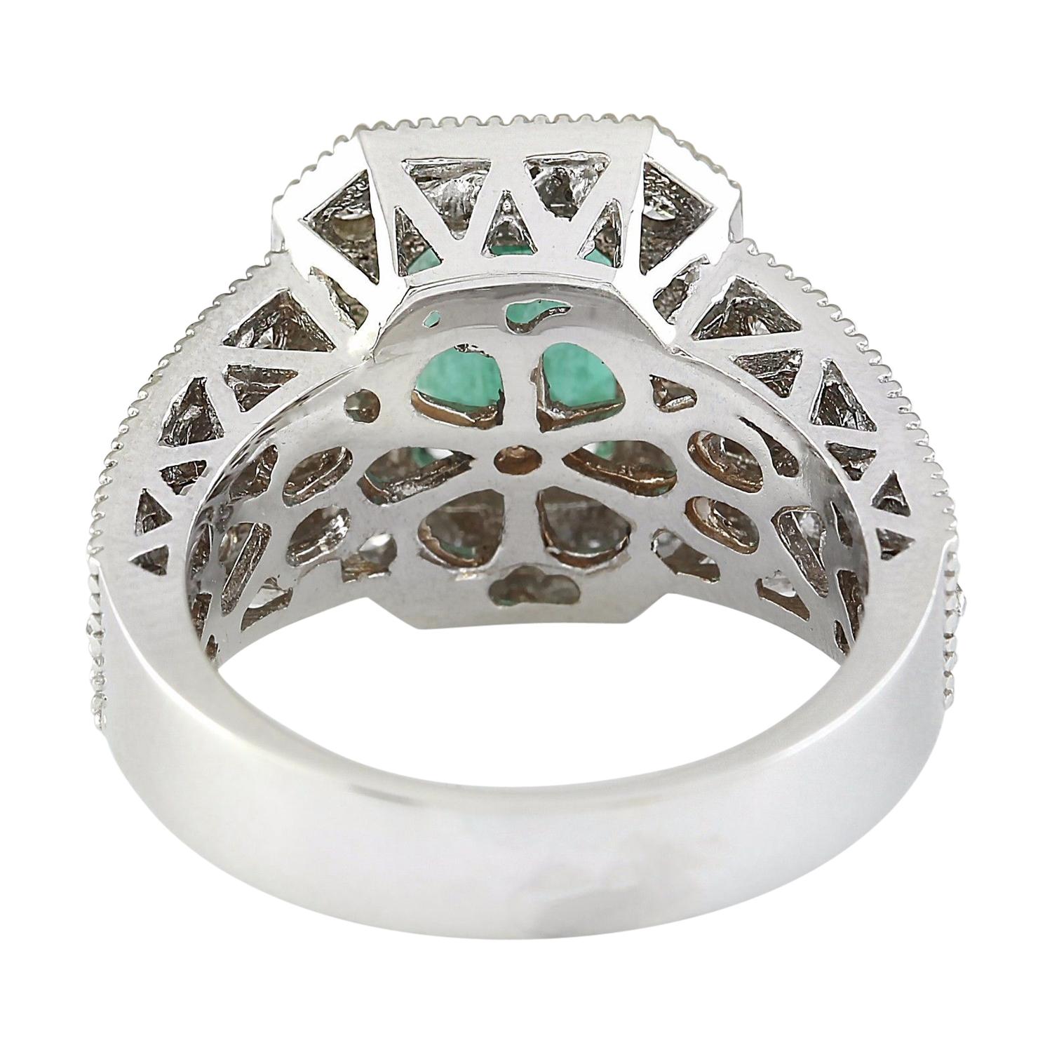 Cushion Cut Emerald Diamond Ring In 14 Karat Solid White Gold For Sale