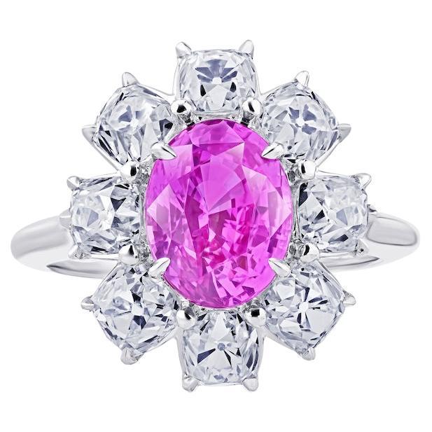 3.17 Carat Oval Pink Sapphire and Diamond Platinum Ring For Sale