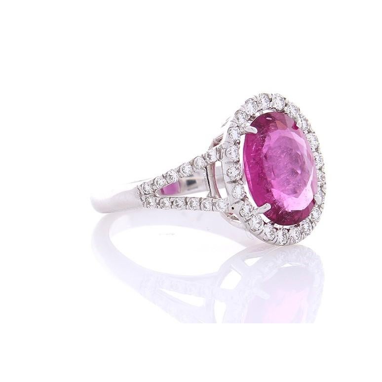 Contemporary 3.17 Carat Oval Rubellite and Diamond Cocktail Ring in 18 Karat White Gold