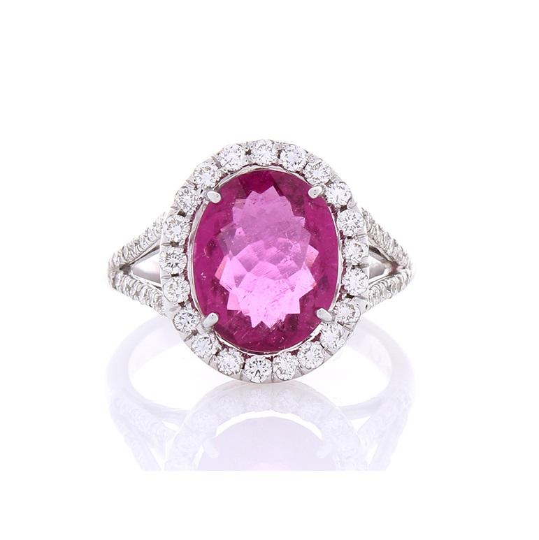 Oval Cut 3.17 Carat Oval Rubellite and Diamond Cocktail Ring in 18 Karat White Gold