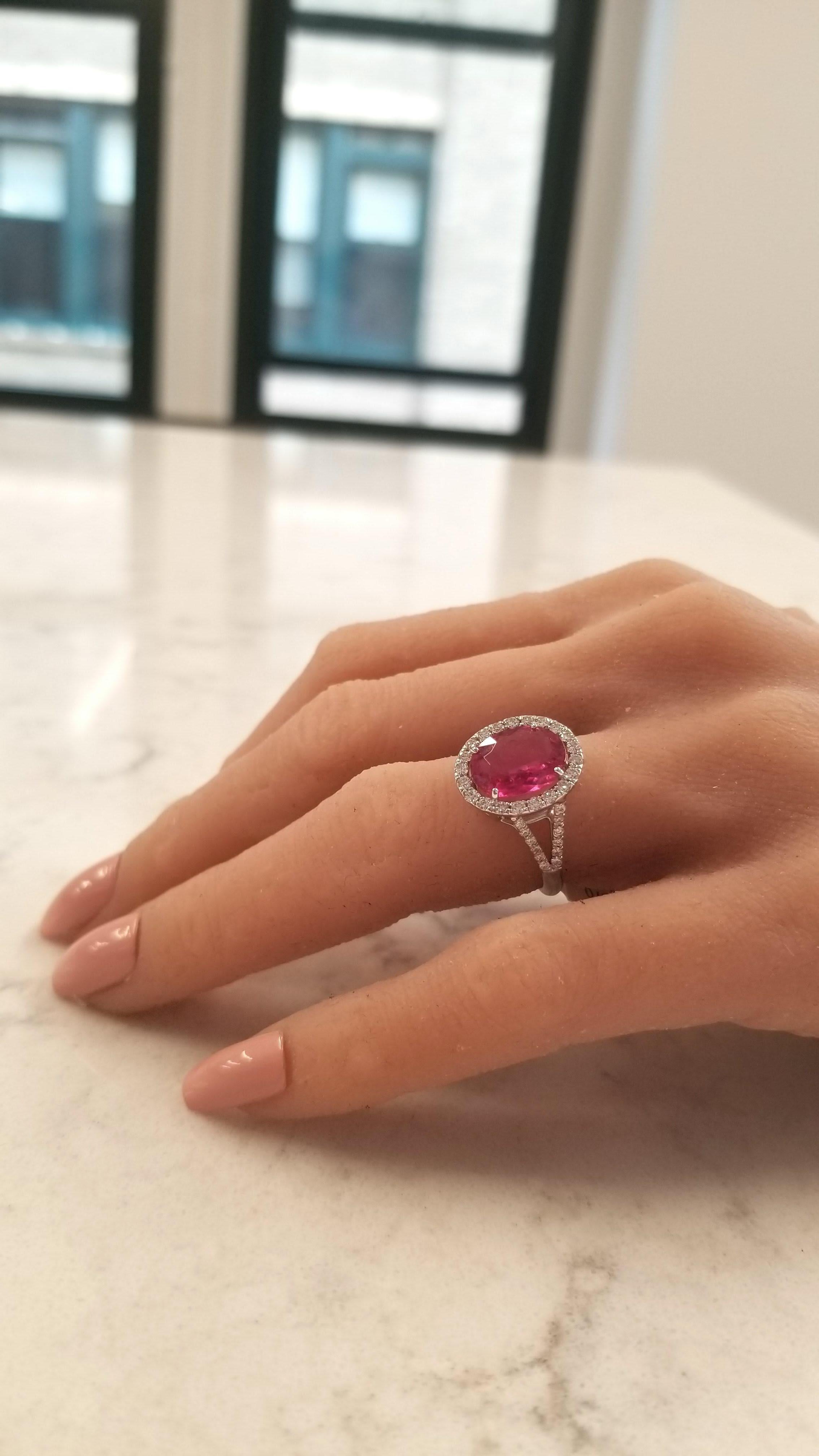 3.17 Carat Oval Rubellite and Diamond Cocktail Ring in 18 Karat White Gold In New Condition In Chicago, IL