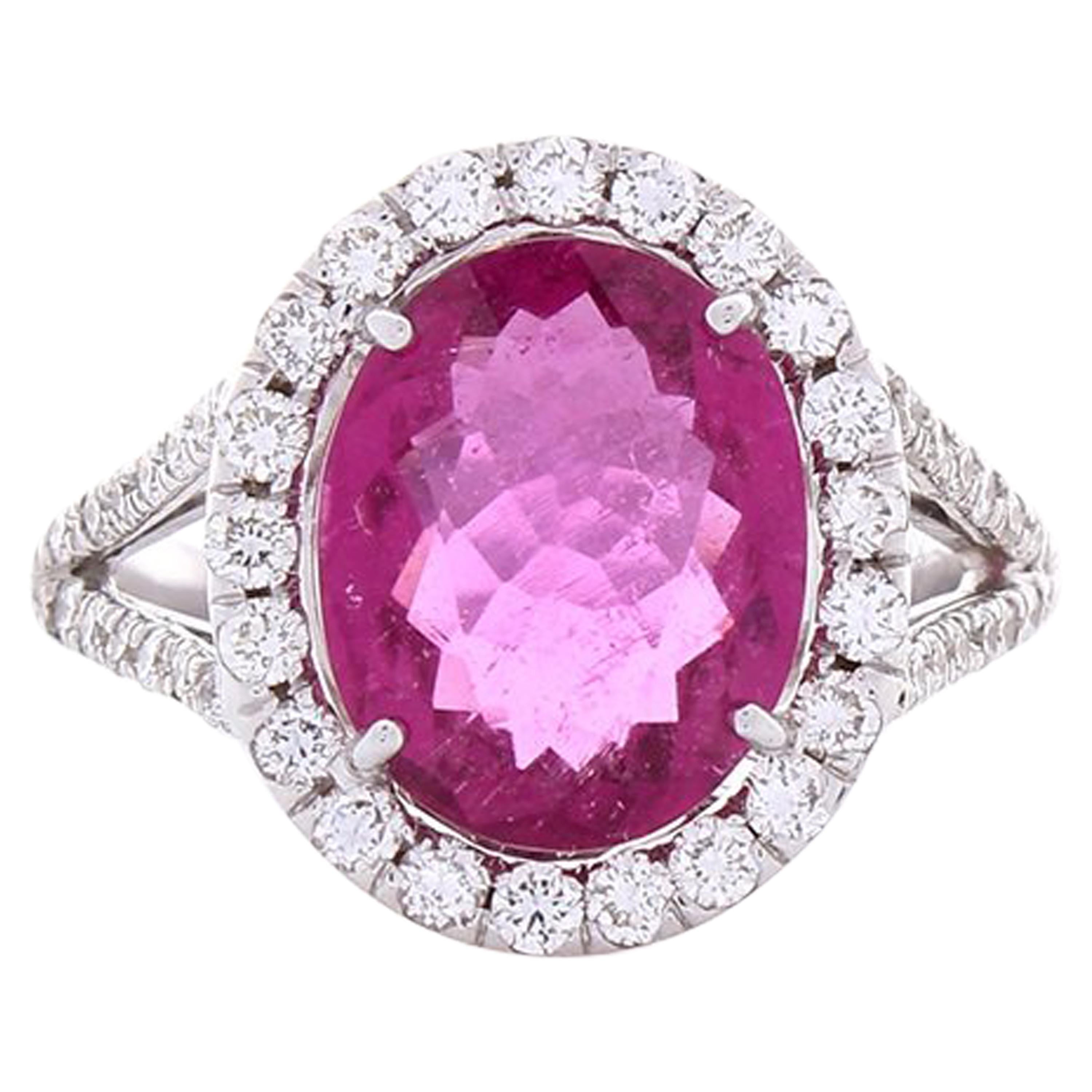 3.17 Carat Oval Rubellite and Diamond Cocktail Ring in 18 Karat White Gold