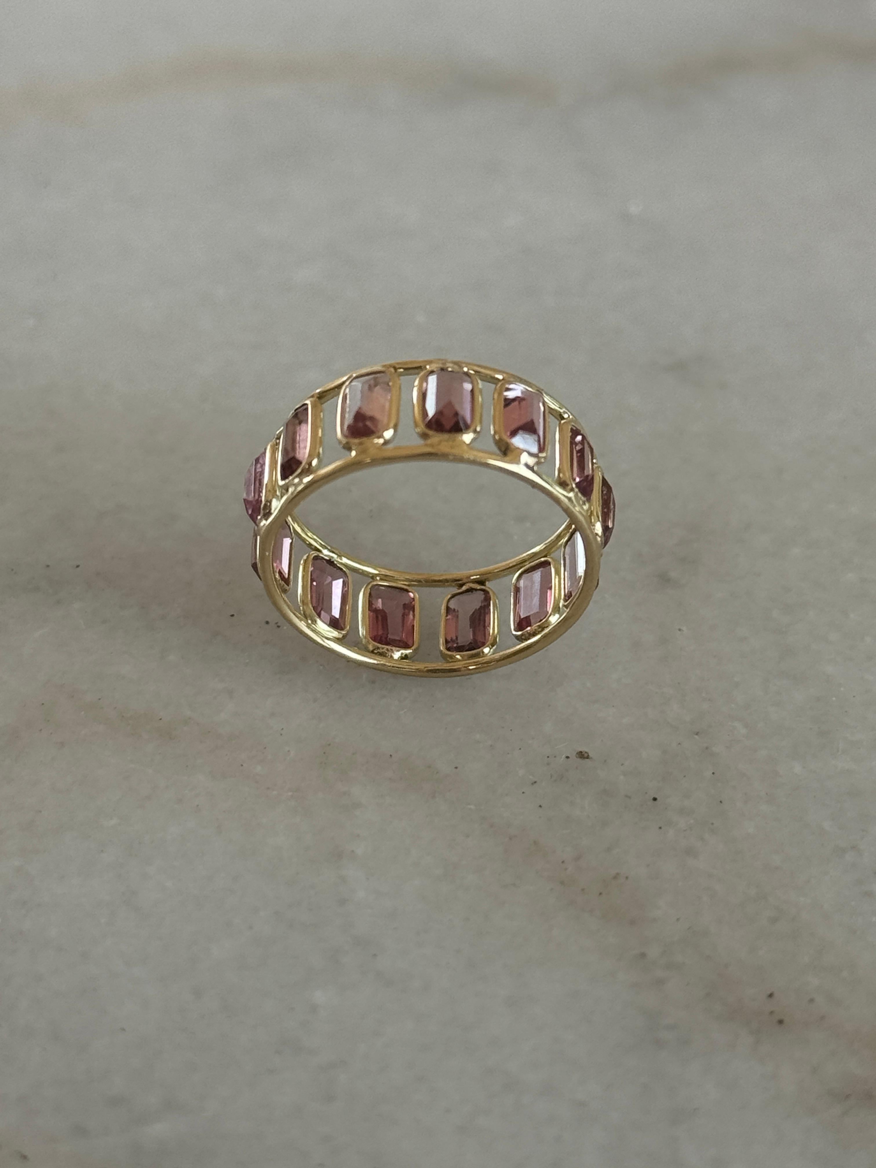 Modern 3.17 Carat Pink Tourmaline 14K Yellow Gold Eternity Band For Sale