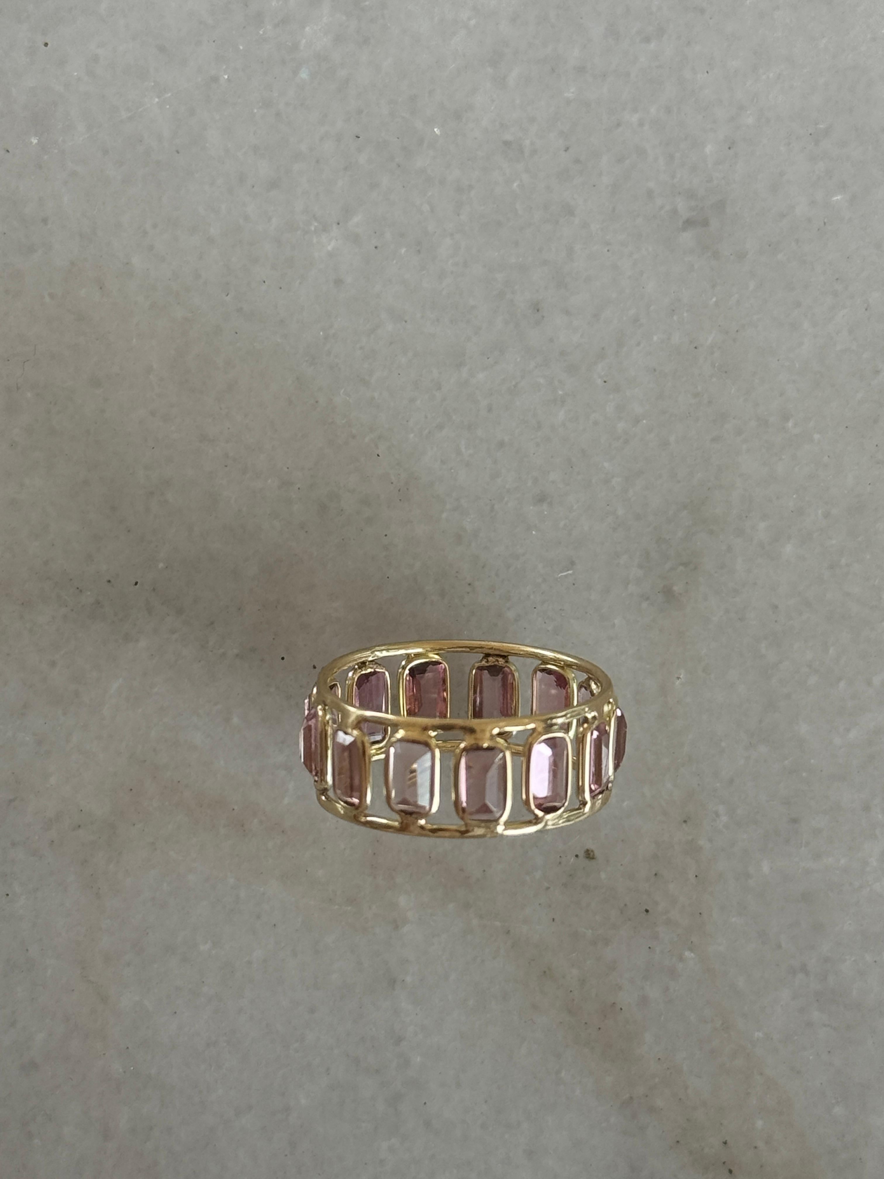 Emerald Cut 3.17 Carat Pink Tourmaline 14K Yellow Gold Eternity Band For Sale
