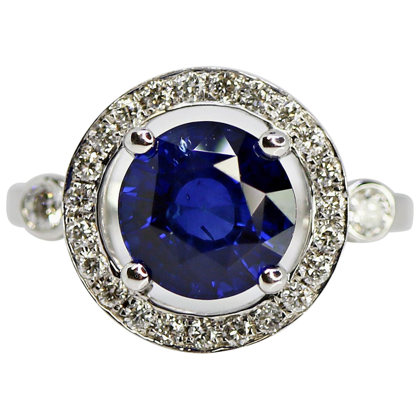 3.17 Carat Round Blue Sapphire and Diamond Ring