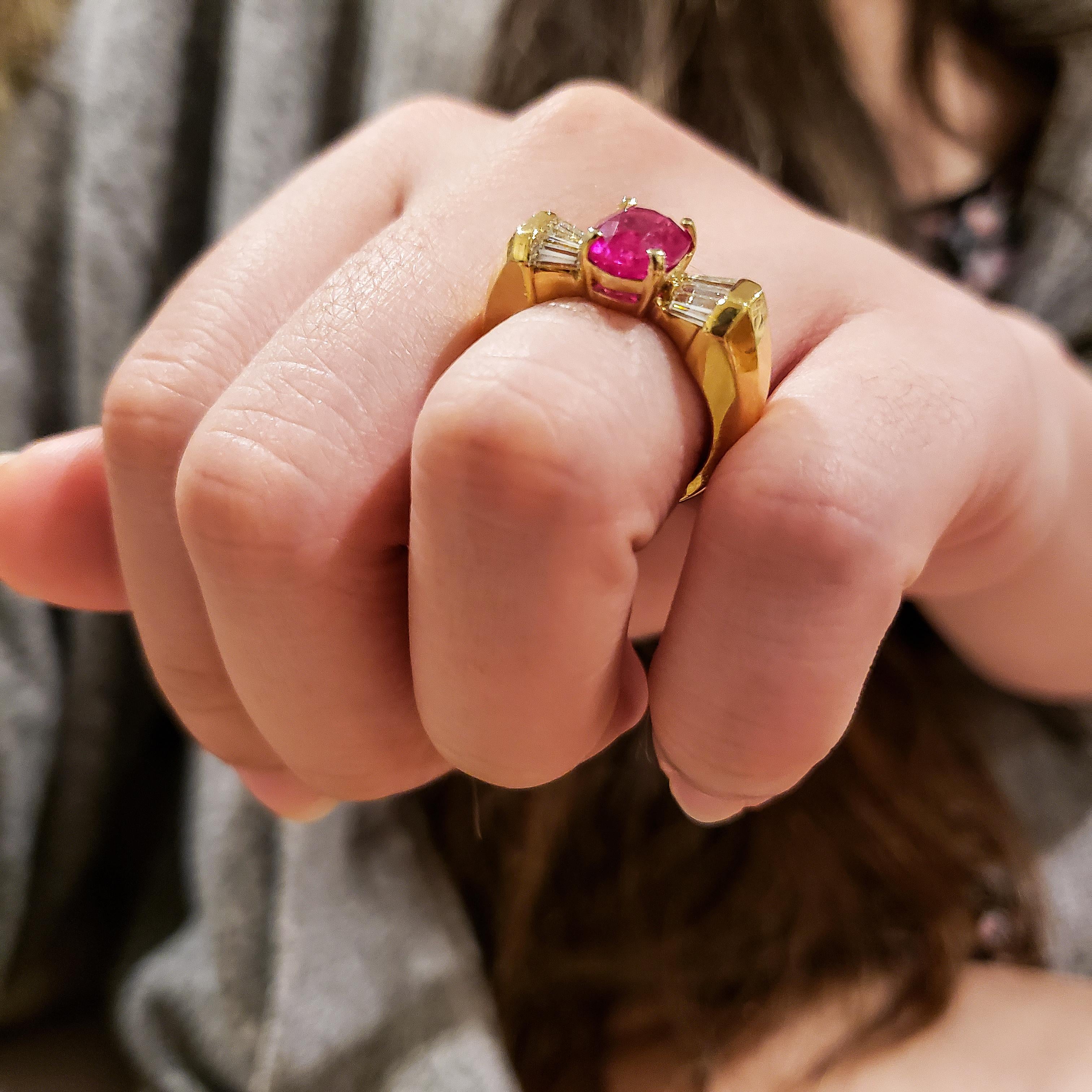 Women's or Men's 3.17 Carat Ruby and Diamond Three-Stone Engagement Ring For Sale