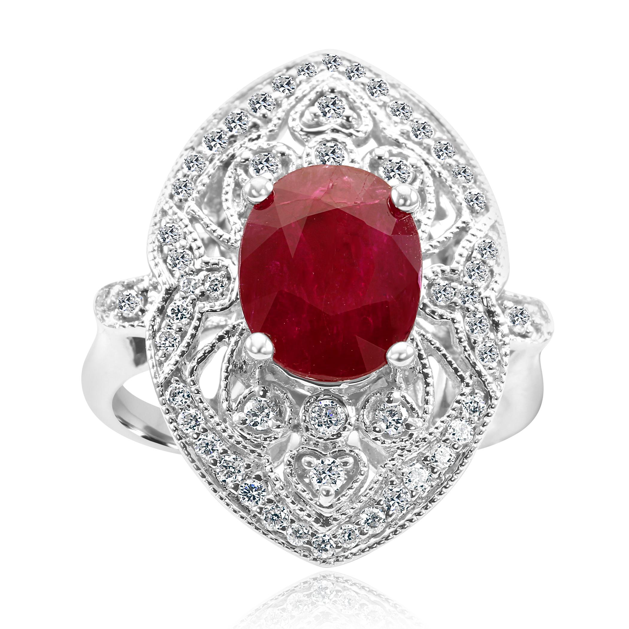 Gorgeous Ruby Oval 3.17 Carat encircled in Halo of 62 Colorless G-H Color SI Clarity Diamond Rounds 0.45 Carat set in Art Deco Style Bridal Cocktail 14K White Gold Ring with millgrain work.

Total Stone Weight 3.62 Carat


Style available in