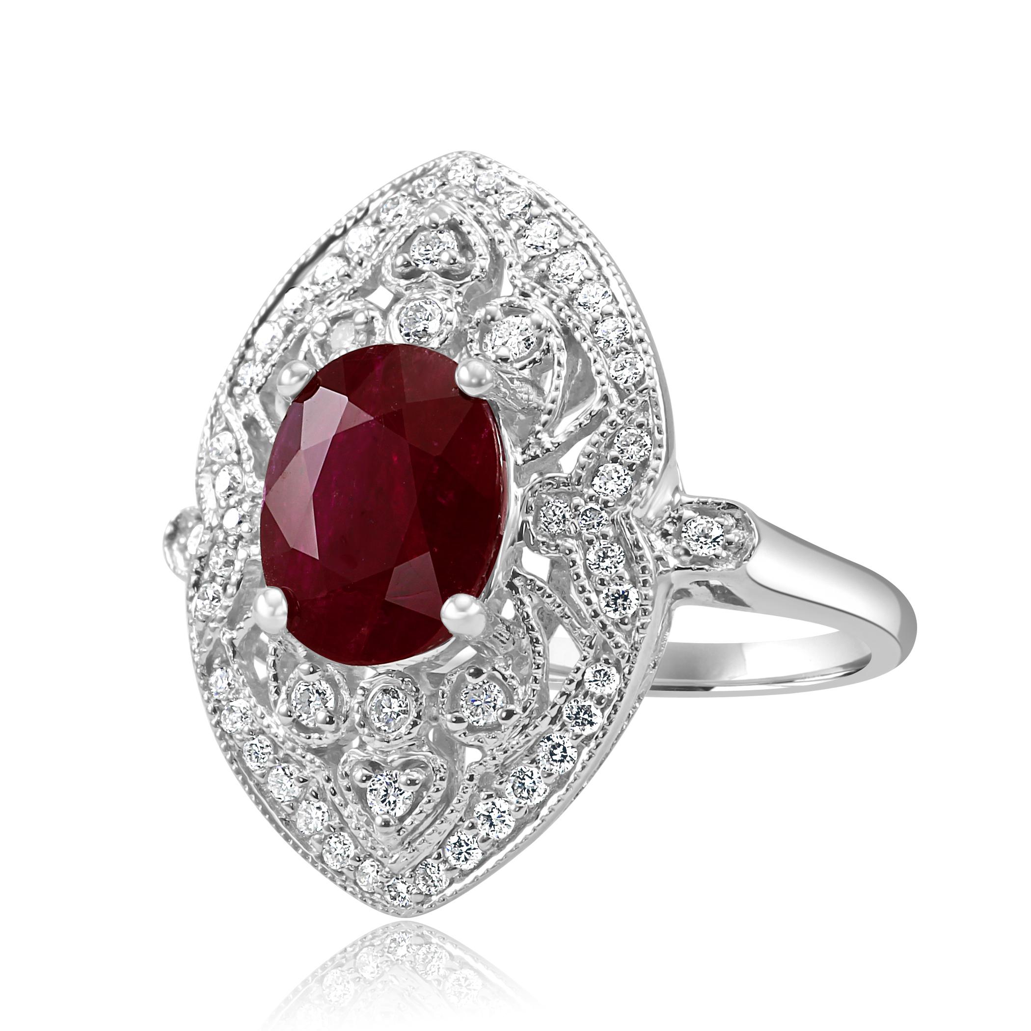 Oval Cut 3.17 Carat Ruby Oval Diamond Halo Art Deco Style White Gold Cocktail Ring