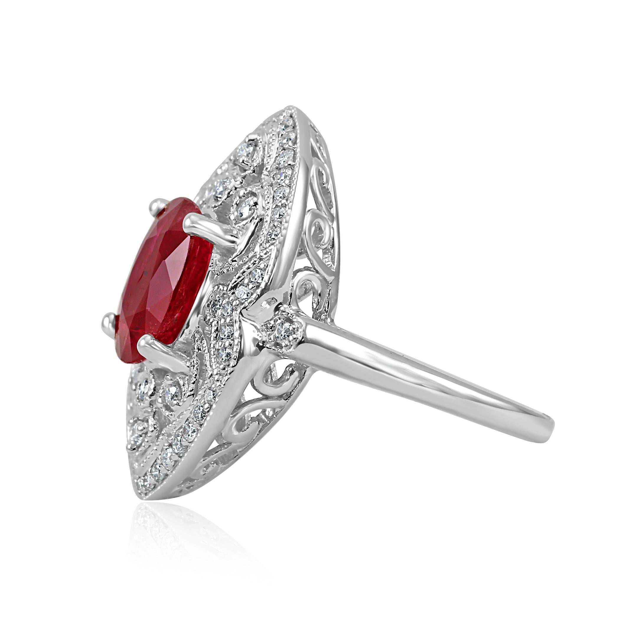 3.17 Carat Ruby Oval Diamond Halo Art Deco Style White Gold Cocktail Ring In New Condition In NEW YORK, NY