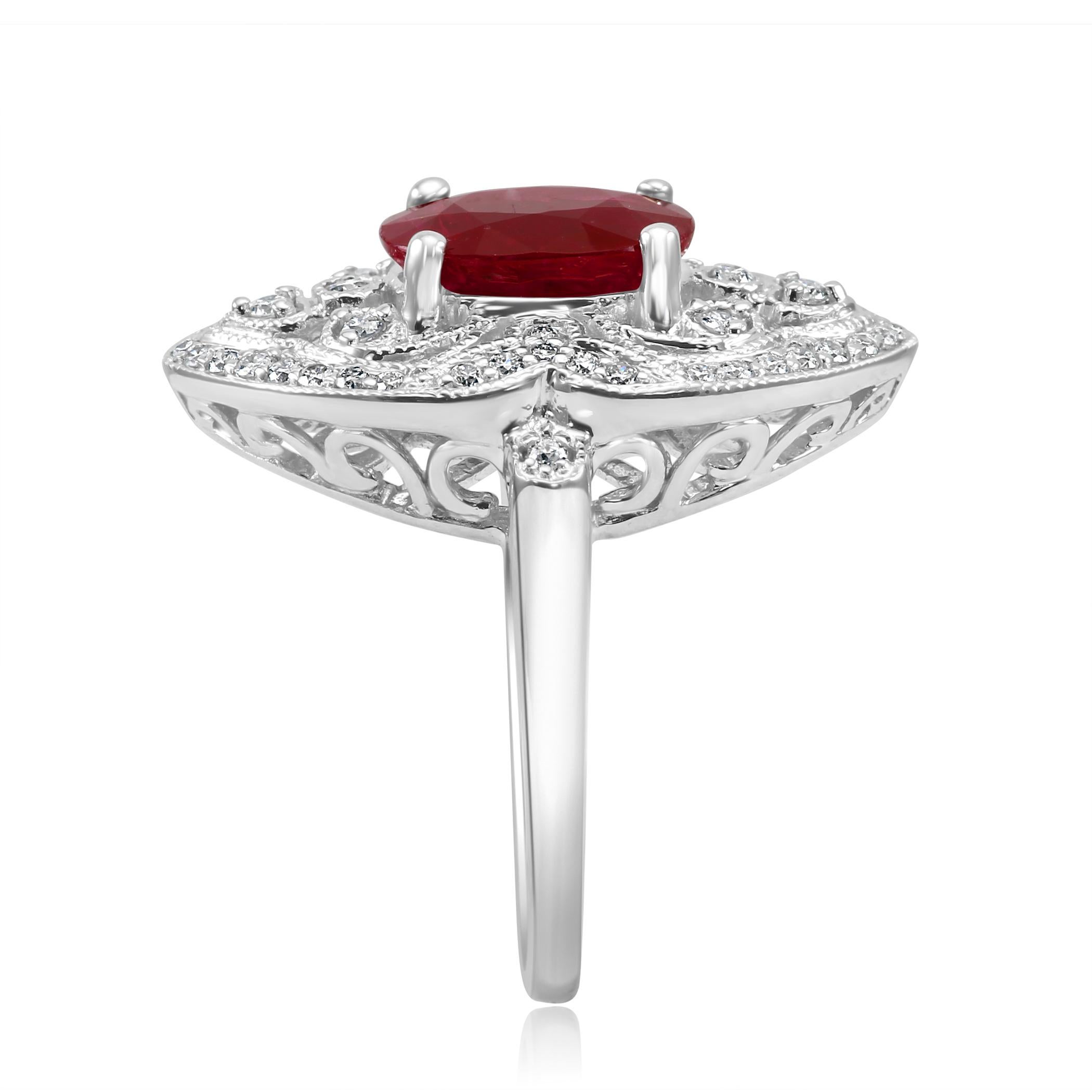 3.17 Carat Ruby Oval Diamond Halo Art Deco Style White Gold Cocktail Ring 1