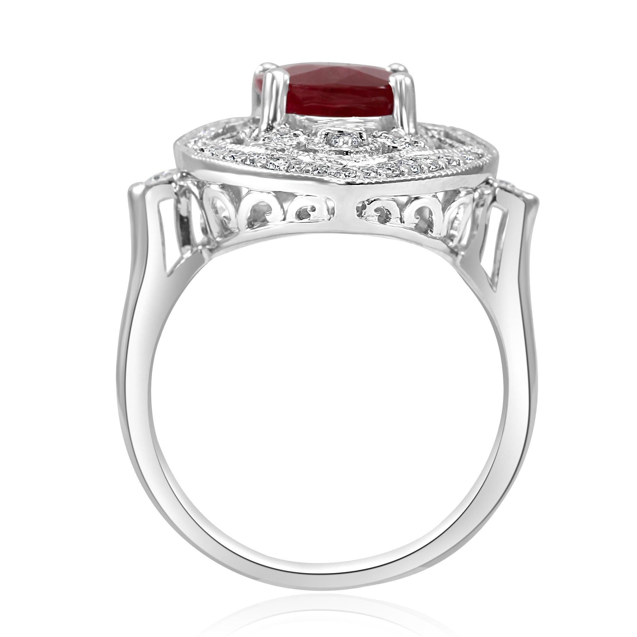 3.17 Carat Ruby Oval Diamond Halo Art Deco Style White Gold Cocktail Ring 2