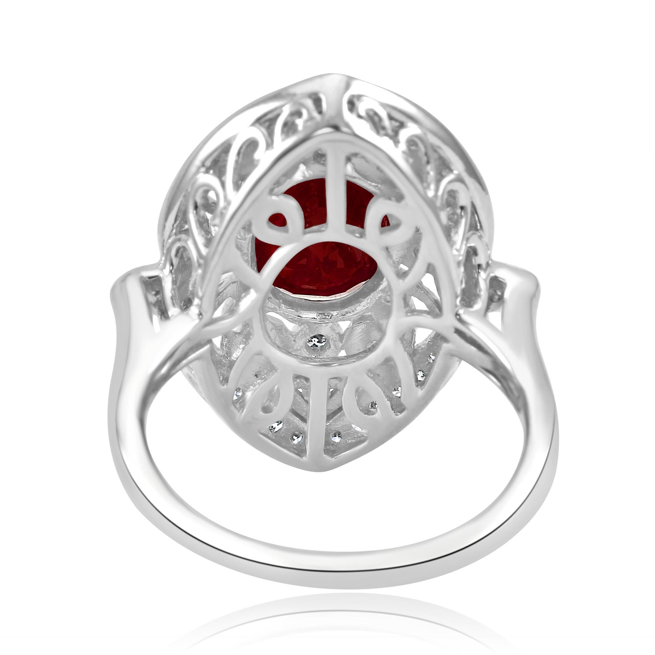 3.17 Carat Ruby Oval Diamond Halo Art Deco Style White Gold Cocktail Ring 3