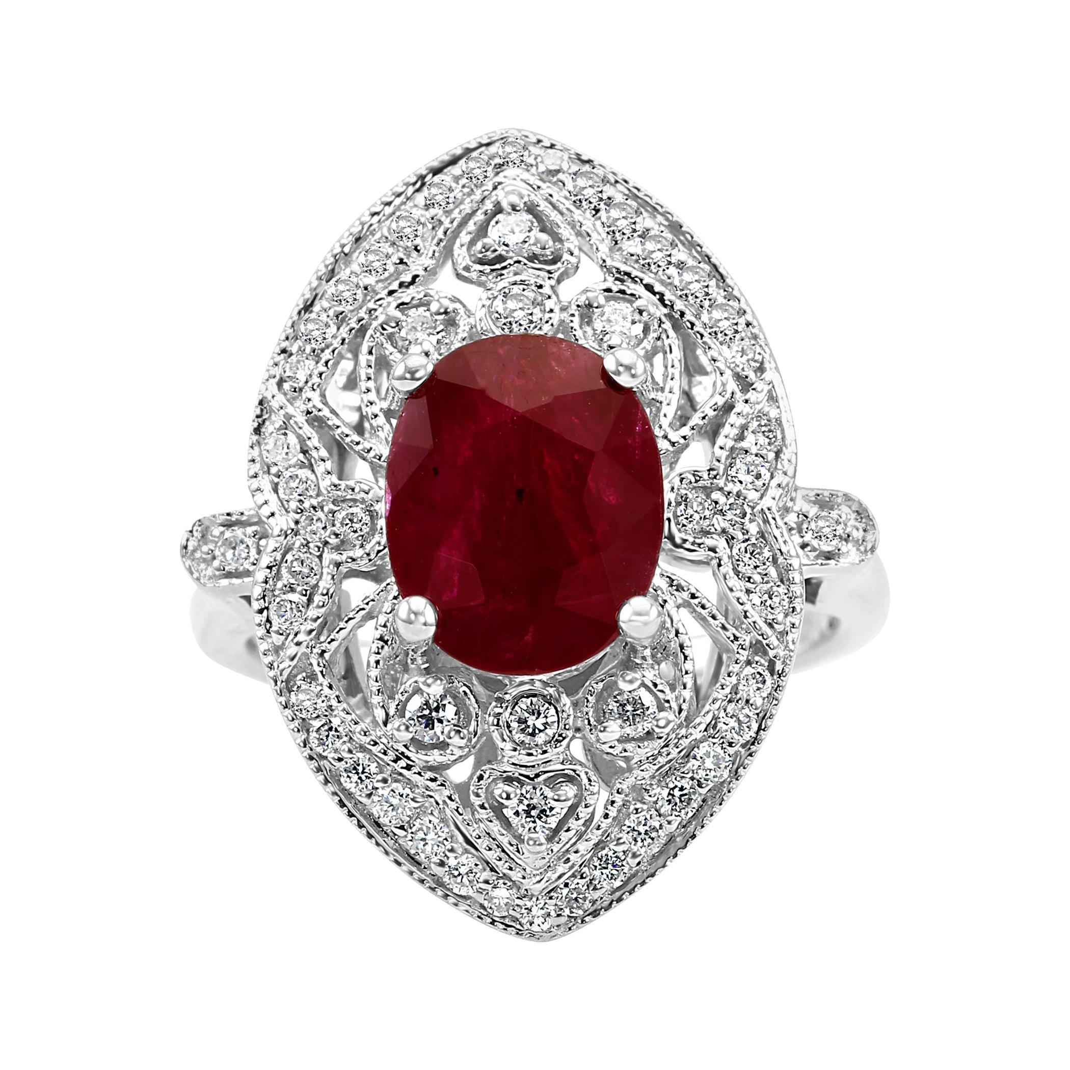 3.17 Carat Ruby Oval Diamond Halo Art Deco Style White Gold Cocktail Ring