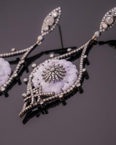 31.71 Carat Carved Lavender Jade and Diamond Dangle Earrings